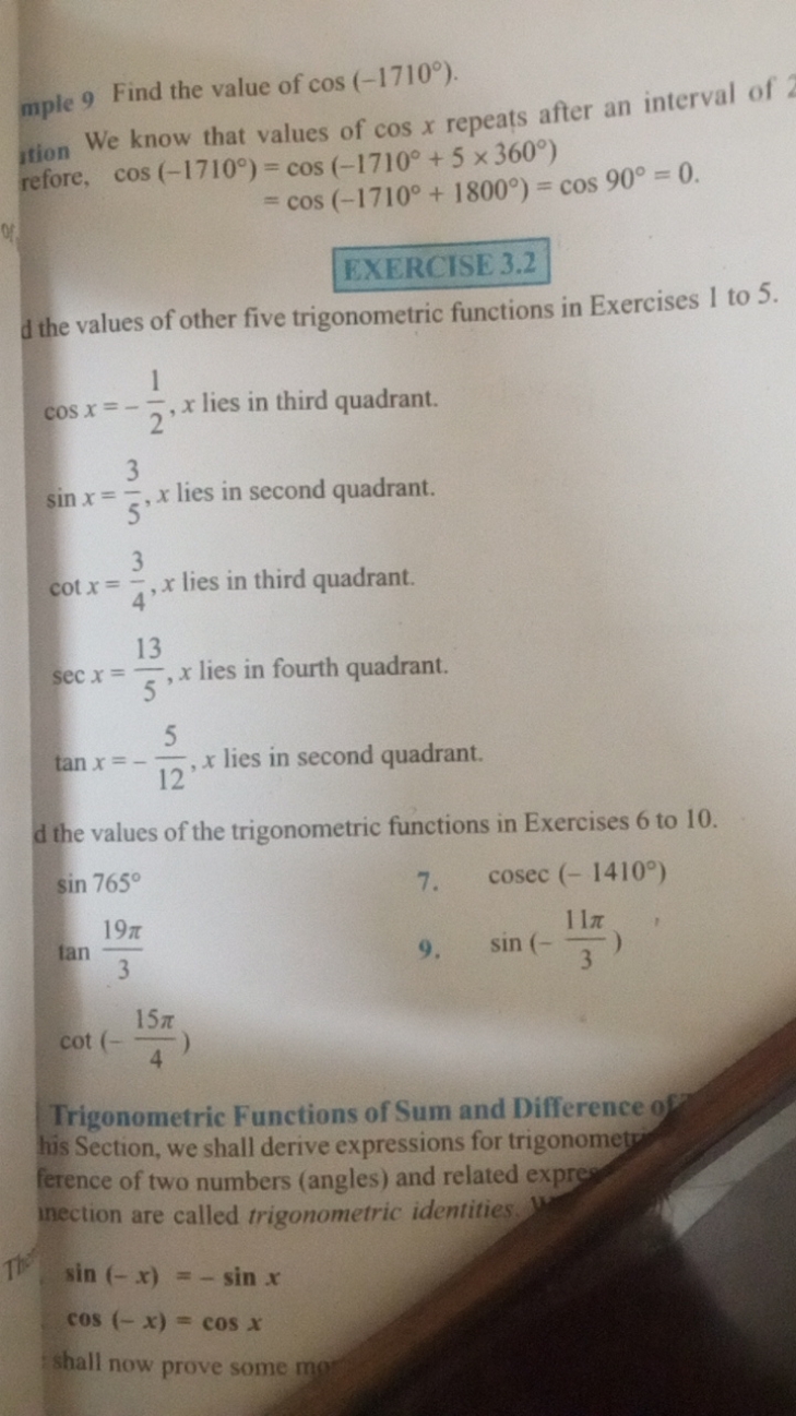 mple 9 Find the value of cos(−1710∘).
tion We know that values of cosx