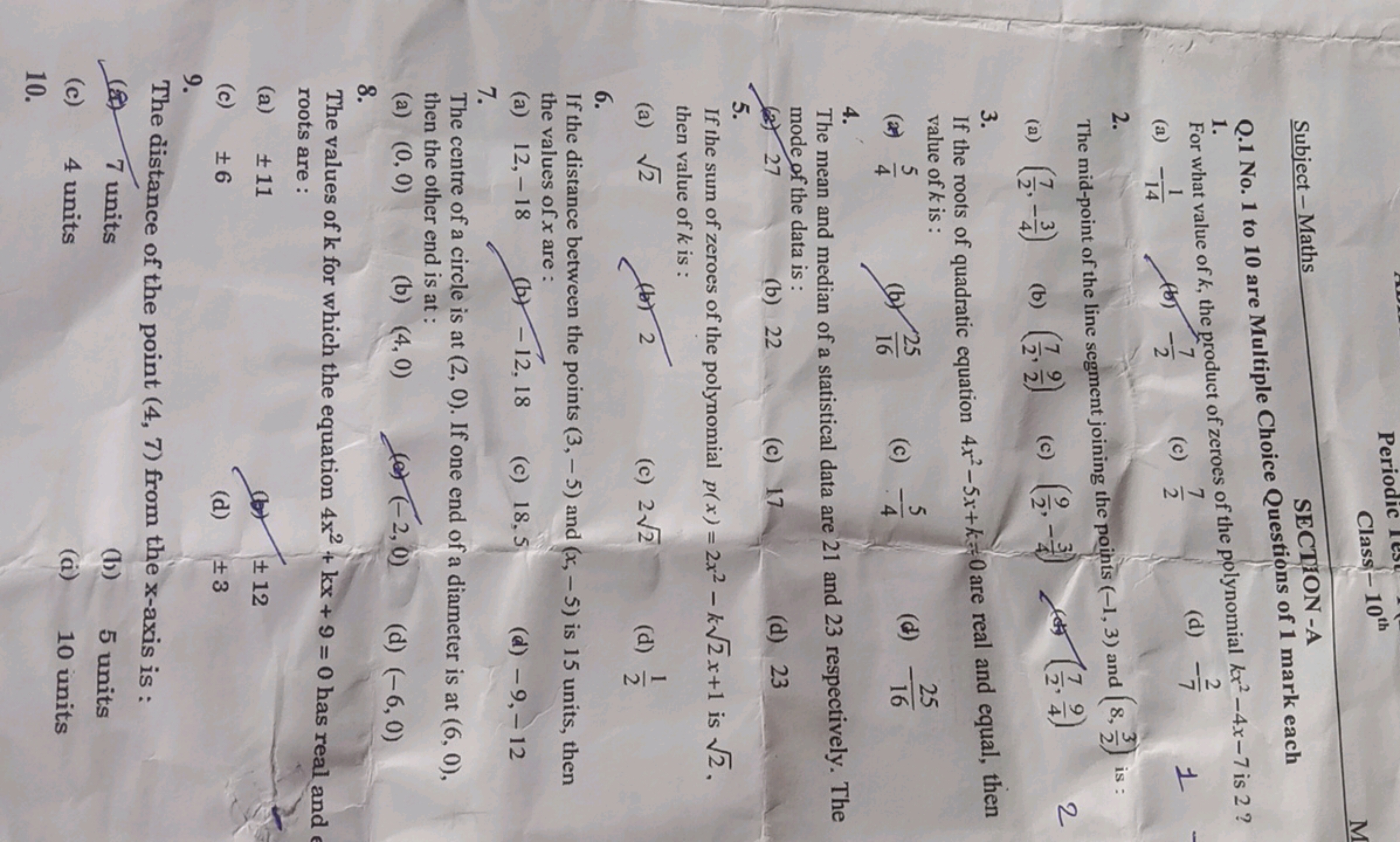 Periodic Test
Class-10th
SECTION-A
Subject - Maths
Q.1 No. 1 to 10 are