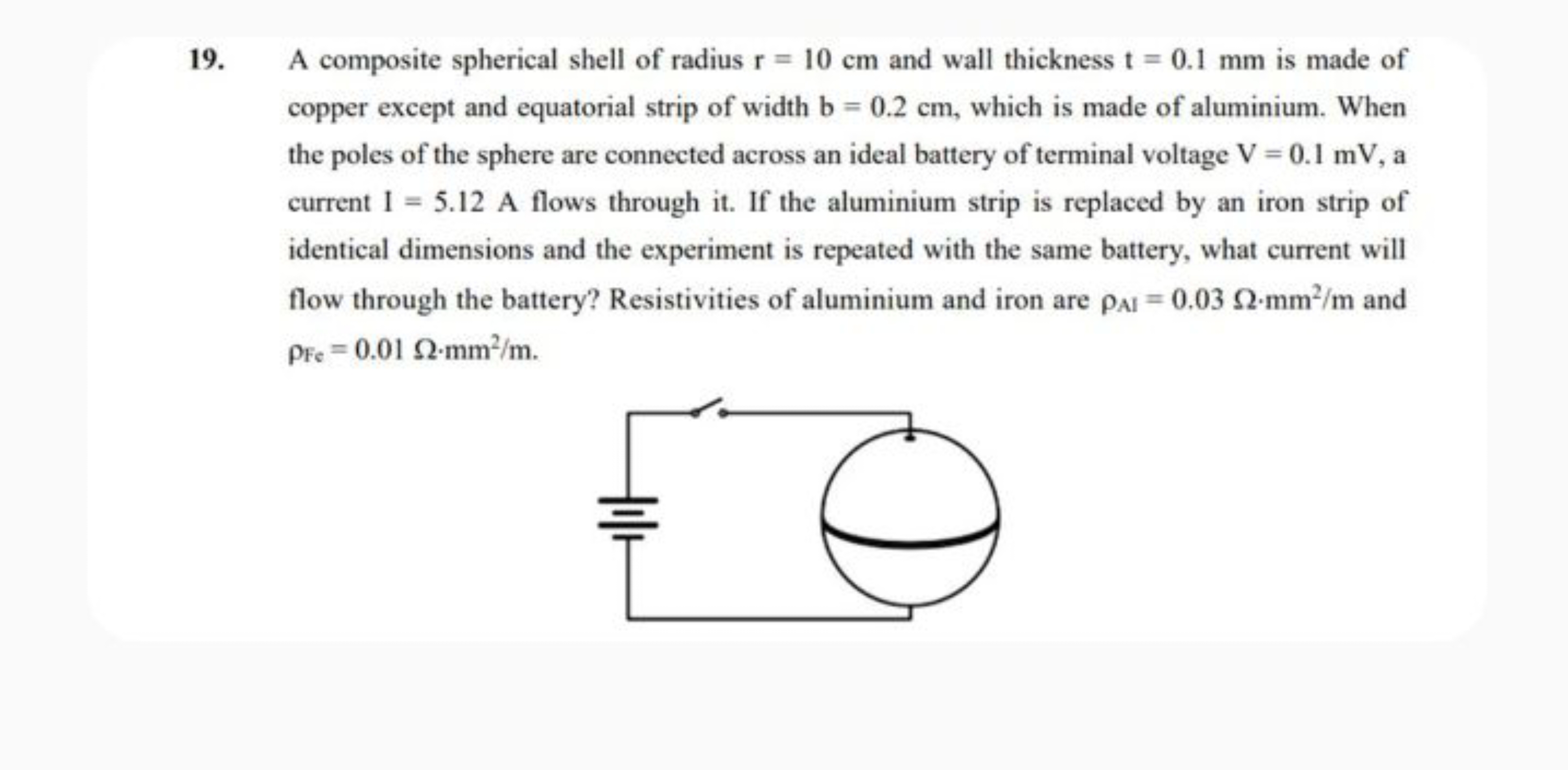 19. A composite spherical shell of radius r=10 cm and wall thickness t