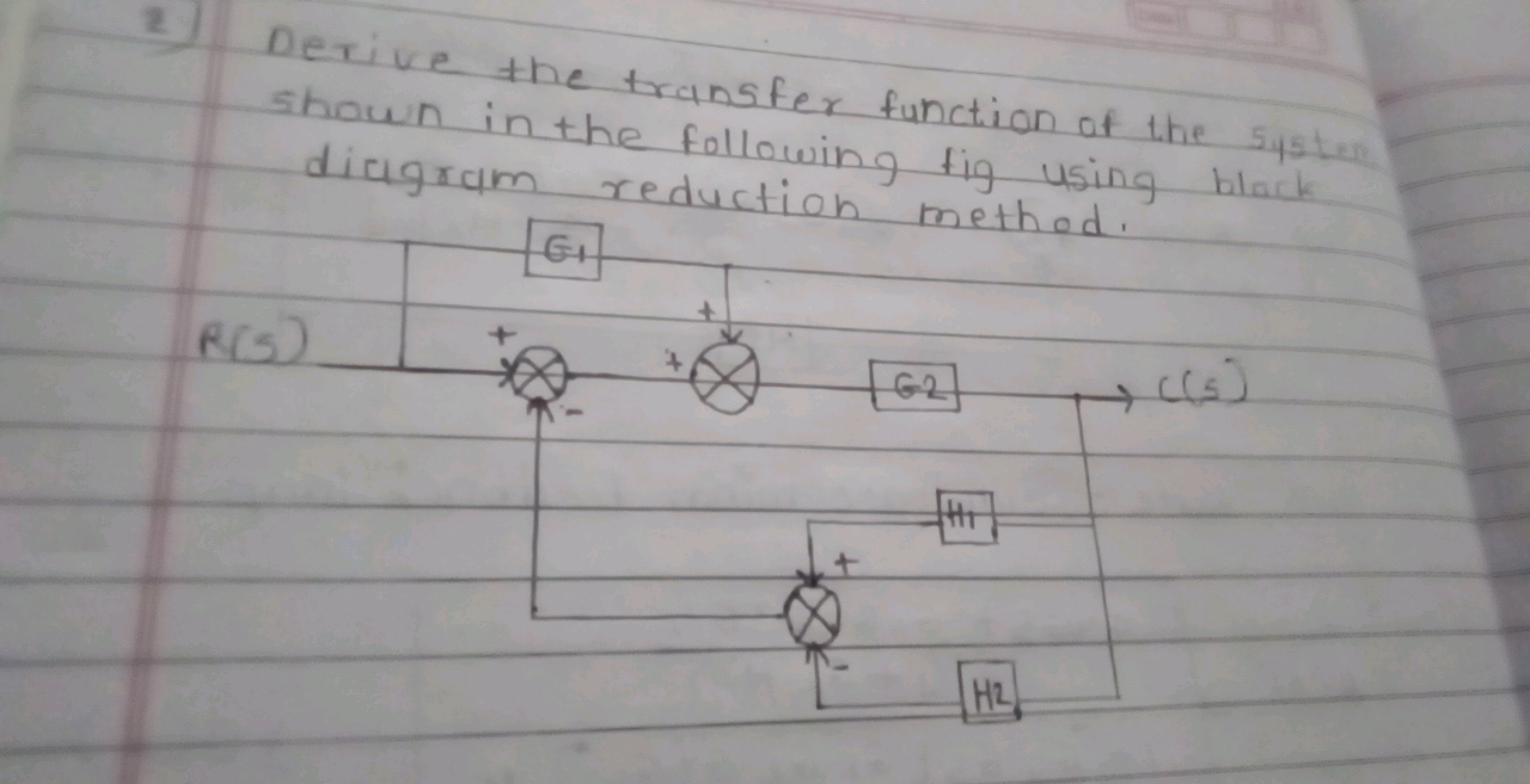 2) Derive the transfer function of the 545 ten shown in the following 