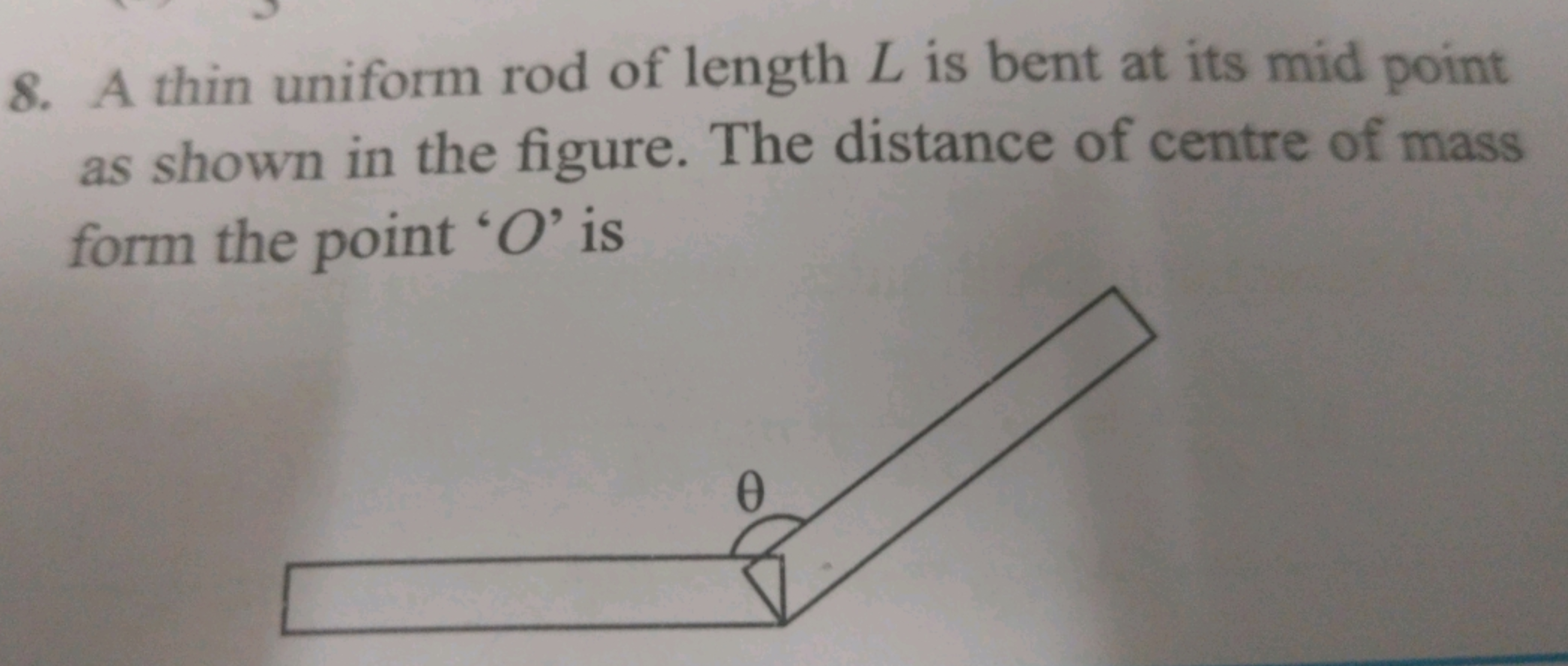 8. A thin uniform rod of length L is bent at its mid point
as shown in