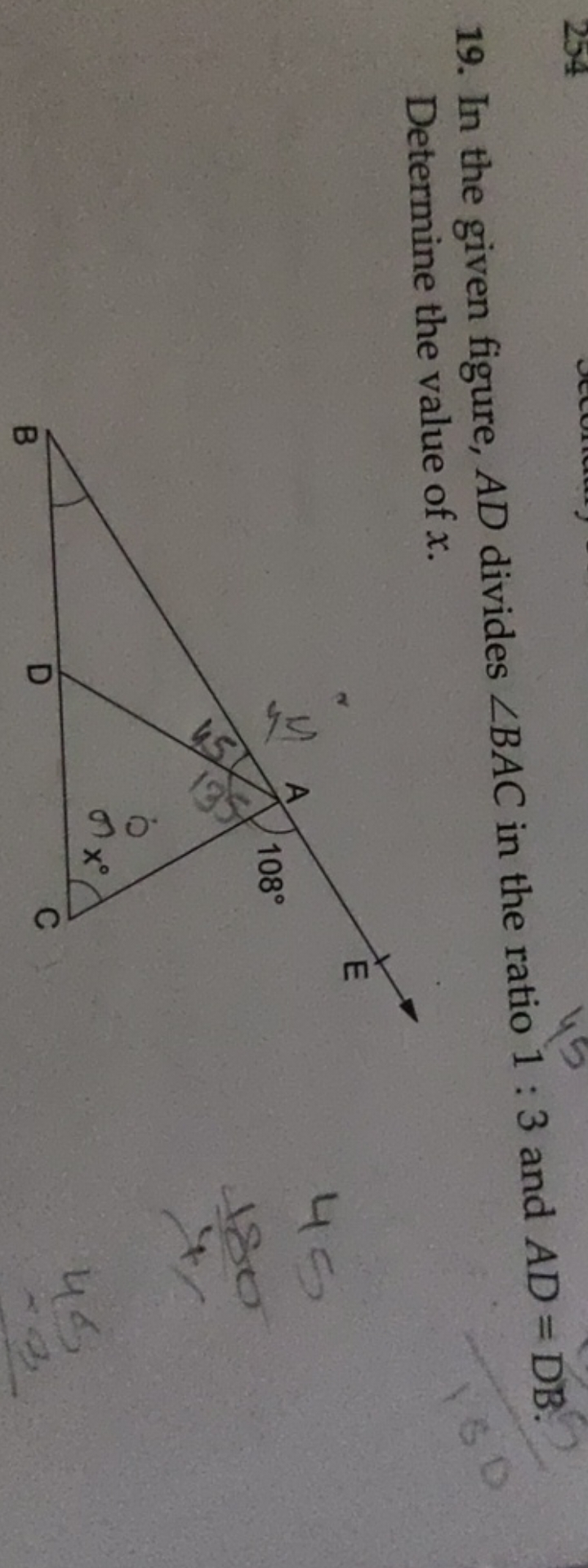 19. In the given figure, AD divides ∠BAC in the ratio 1:3 and AD=DB. D