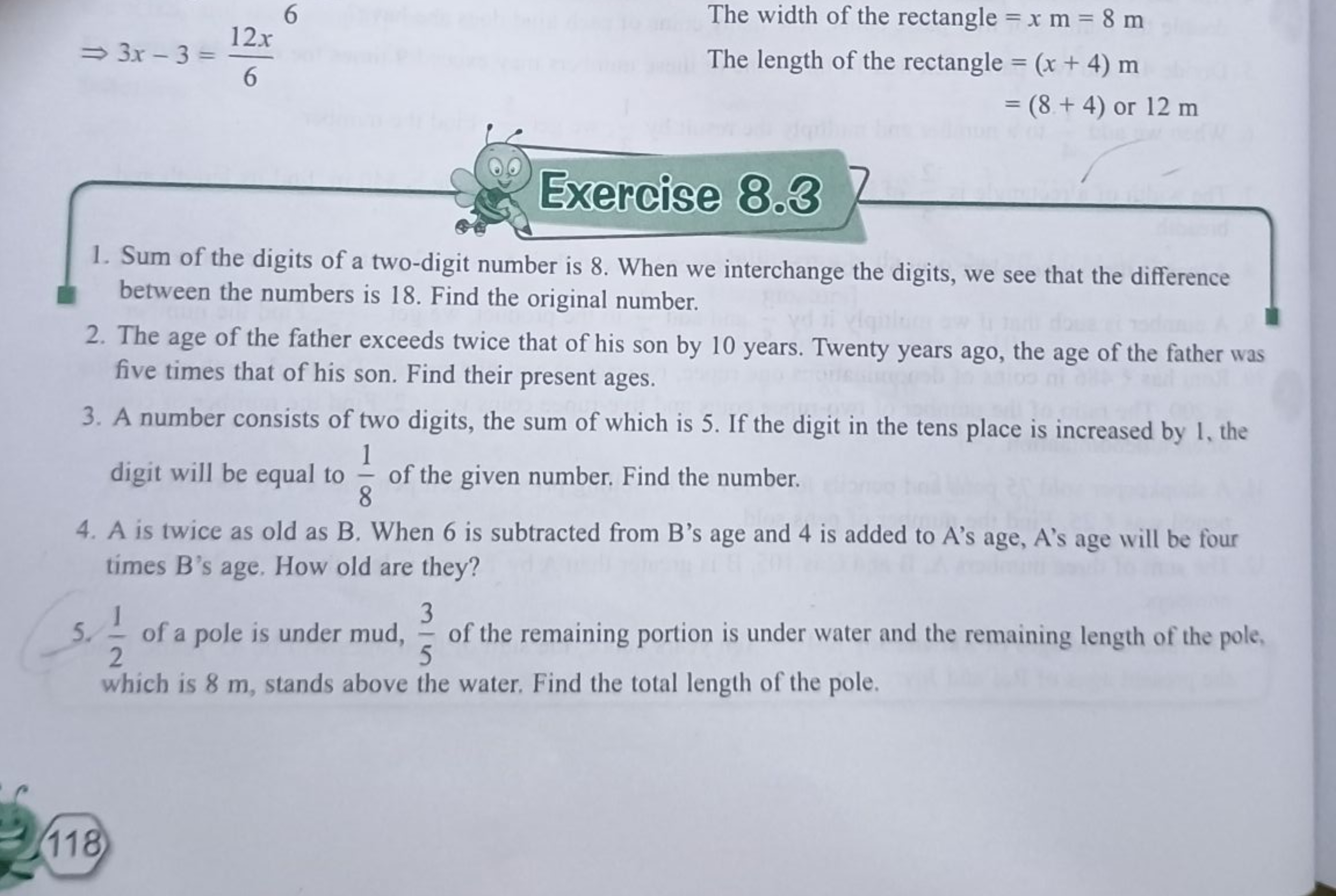 ⇒3x−3=612x​6
The width of the rectangle =x m=8 m
The length of the rec