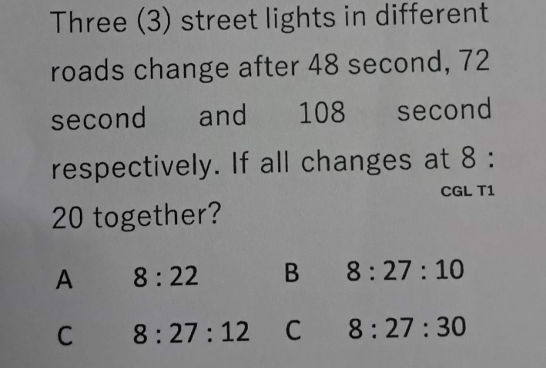 Three (3) street lights in different roads change after 48 second, 72 