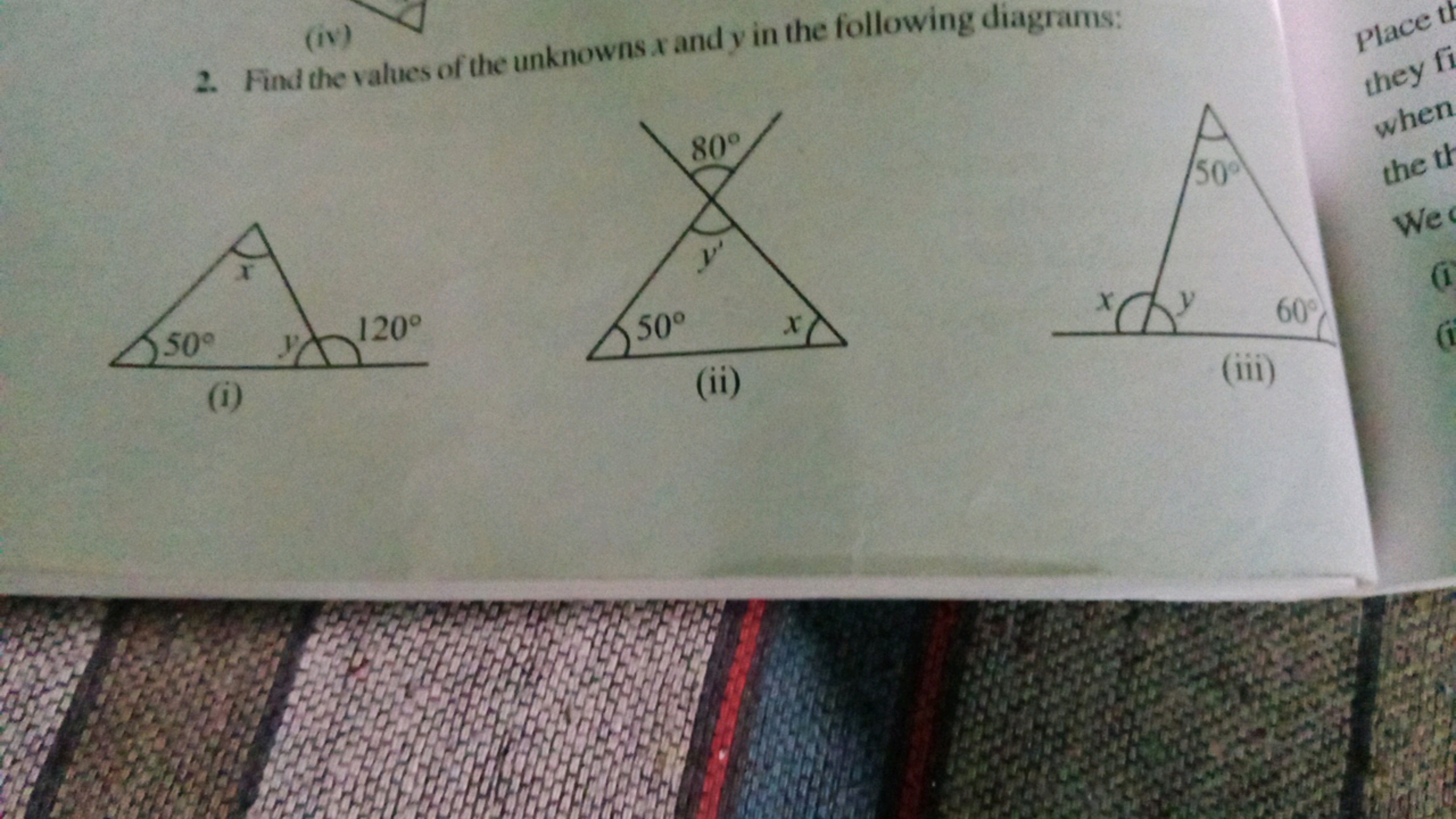 2. Find the values of the unknowns x and y in the following diagrams:
