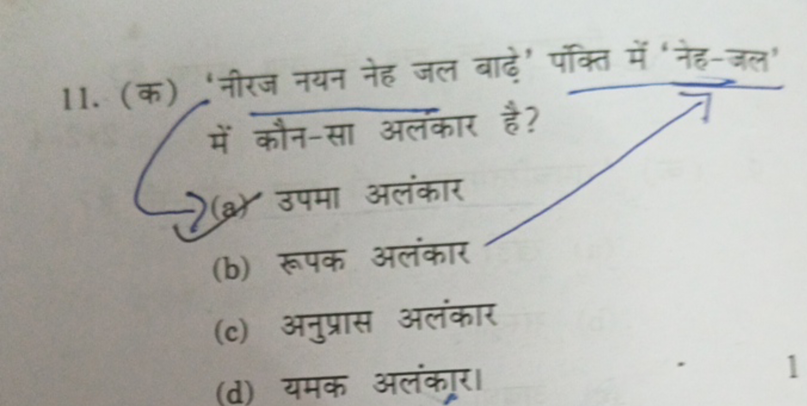 11. (क) 'नीरज नयन नेह जल बाढ़े' पंक्ति में 'नेह-जल' में कौन-सा अलंकार 