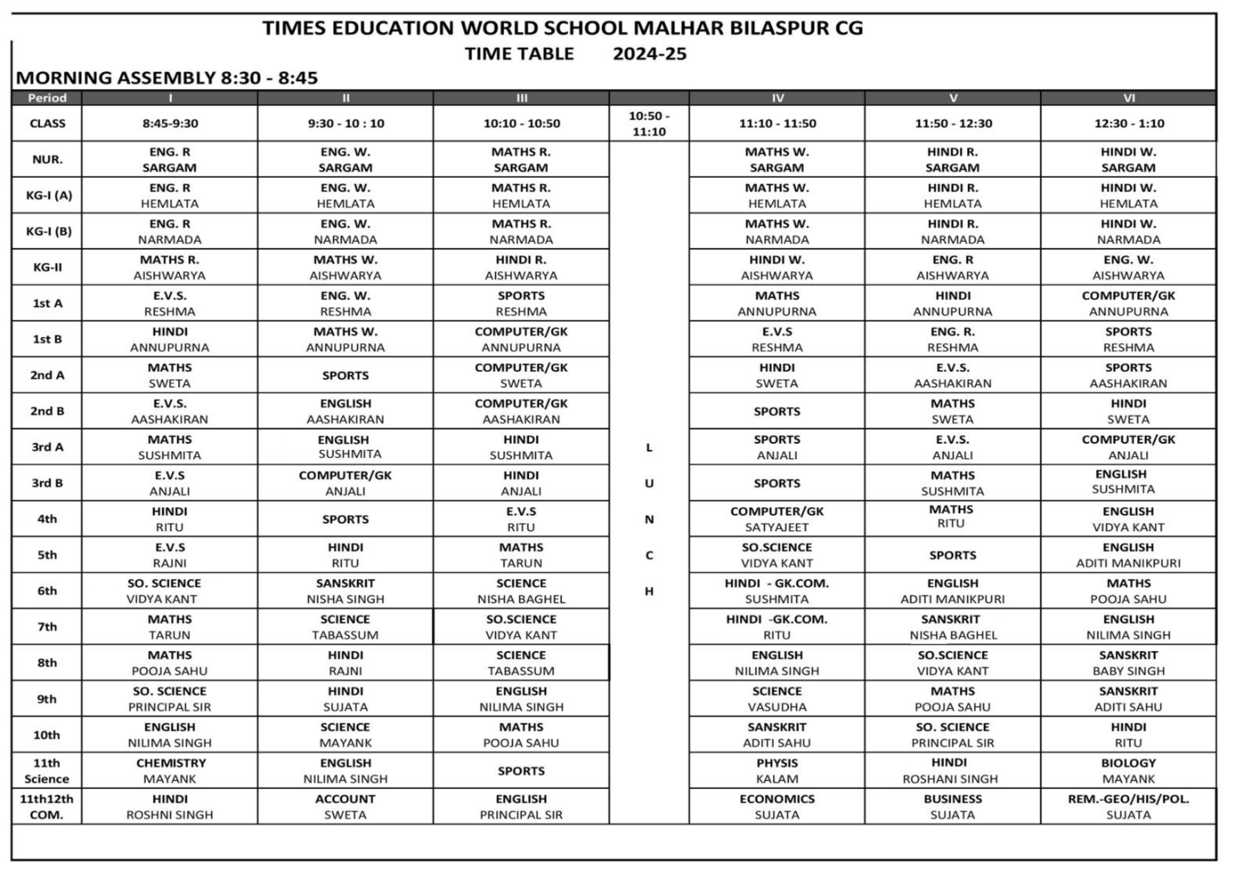 TIMES EDUCATION WORLD SCHOOL MALHAR BILASPUR CG
TIME TABLE
MORNING ASS