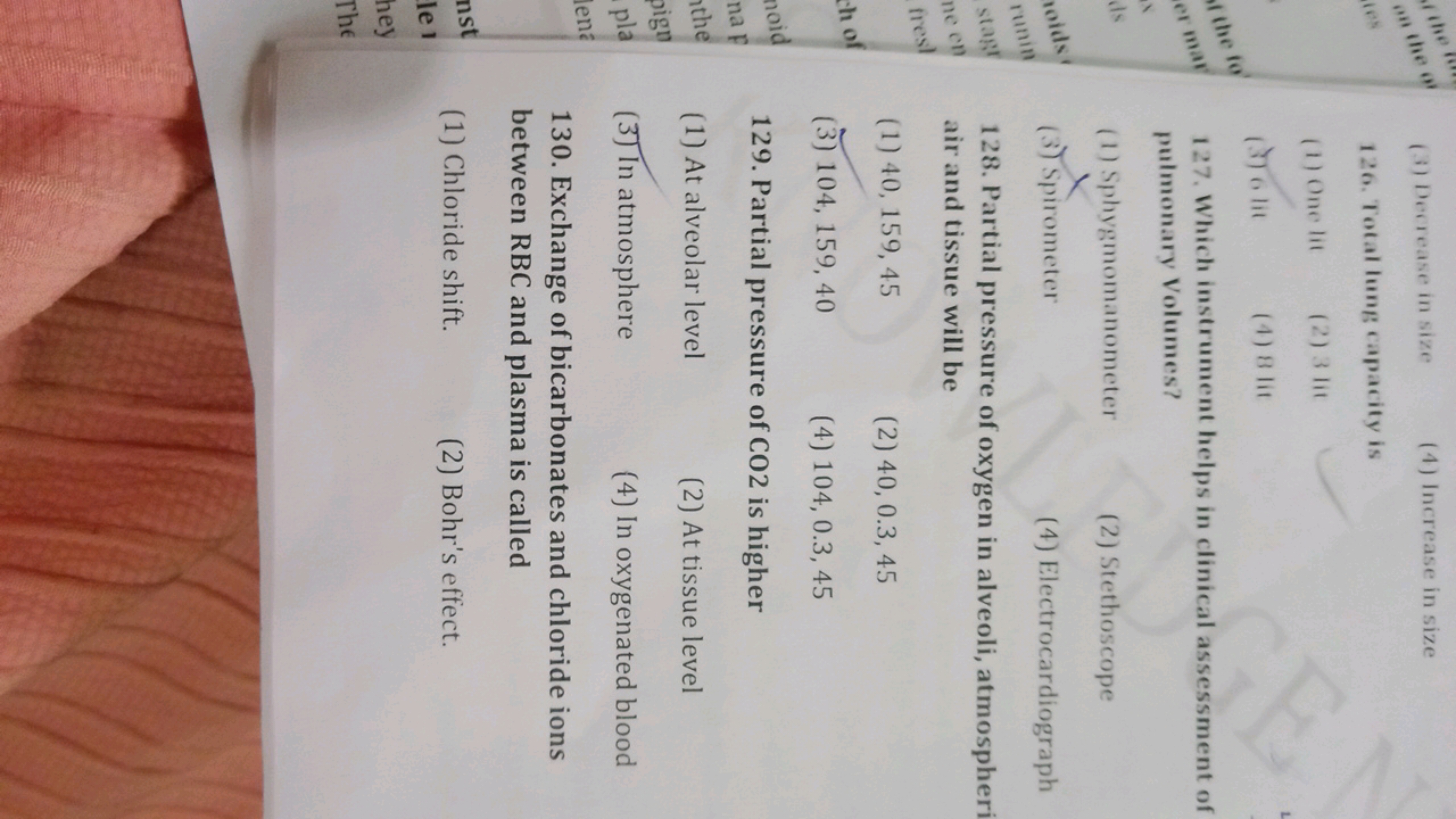 (3) Decrease in size
(4) Increase in size
126. Total lung capacity is
