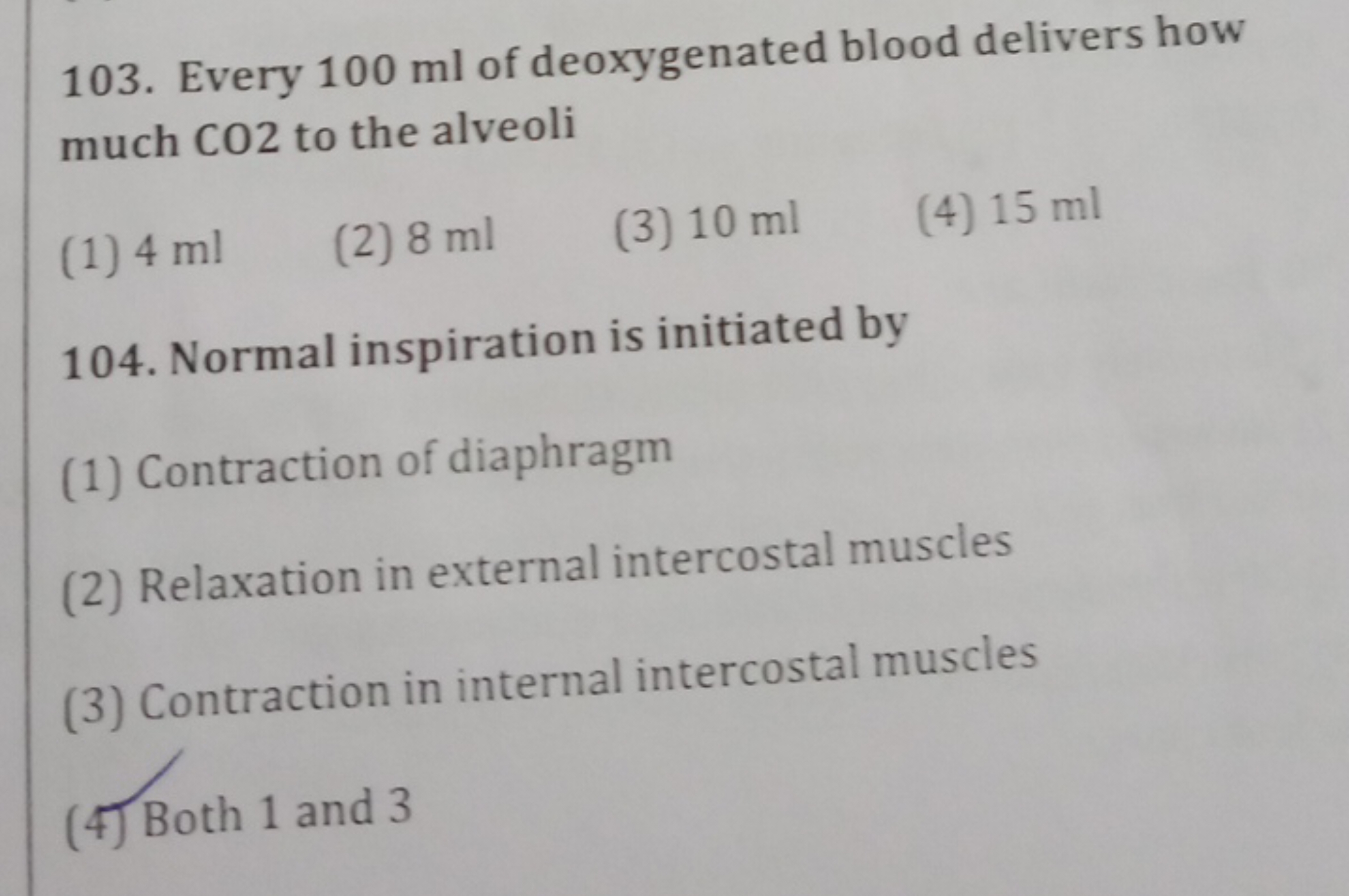 103. Every 100 ml of deoxygenated blood delivers how much CO2 to the a