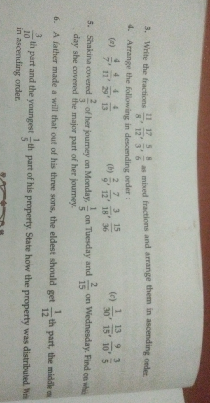 3. Write the fractions 811​,1217​,35​,68​ as mixed fractions and arran