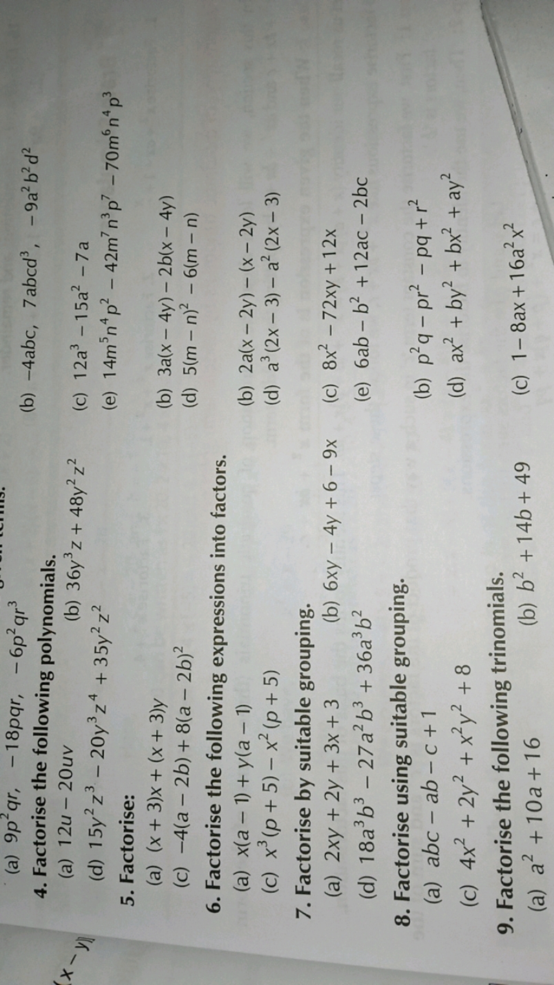 (a) 9p2qr,−18pqr,−6p2qr3
4. Factorise the following polynomials.
(b) −