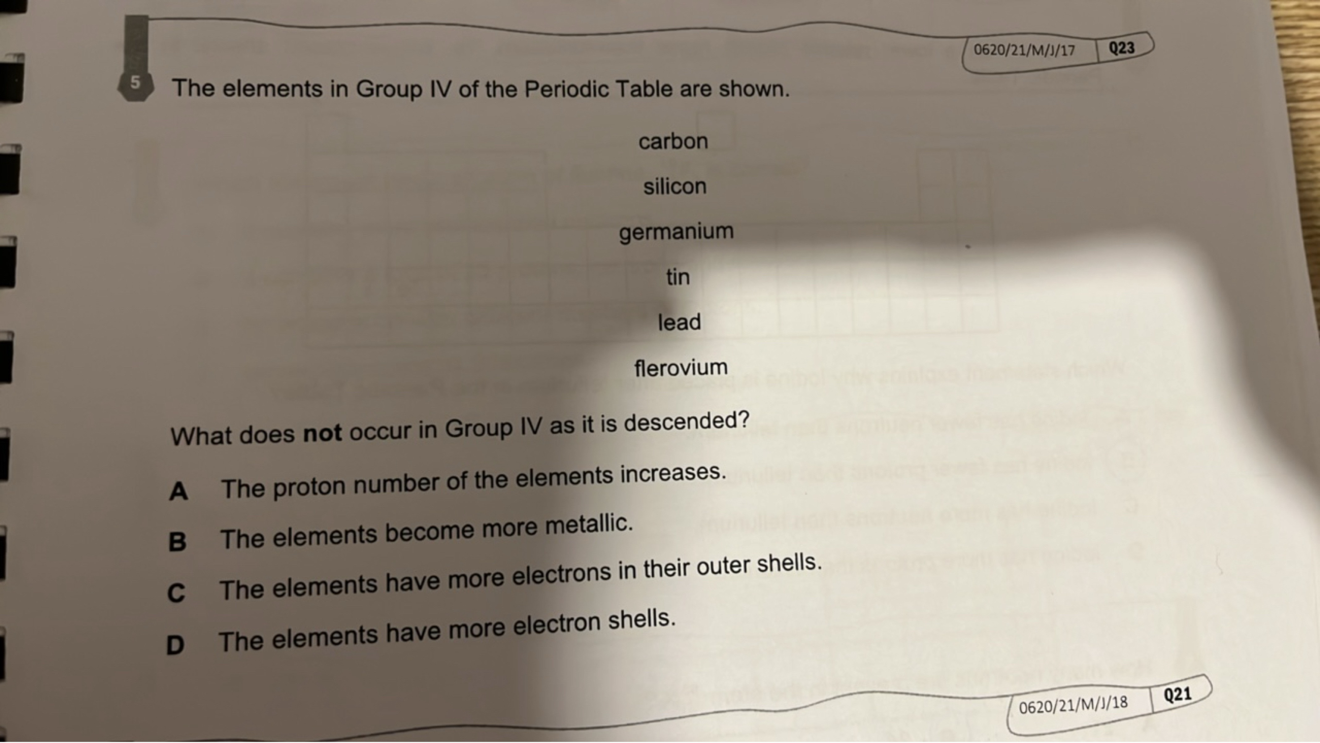 0620/21/M/J/17
Q23
5) The elements in Group IV of the Periodic Table a