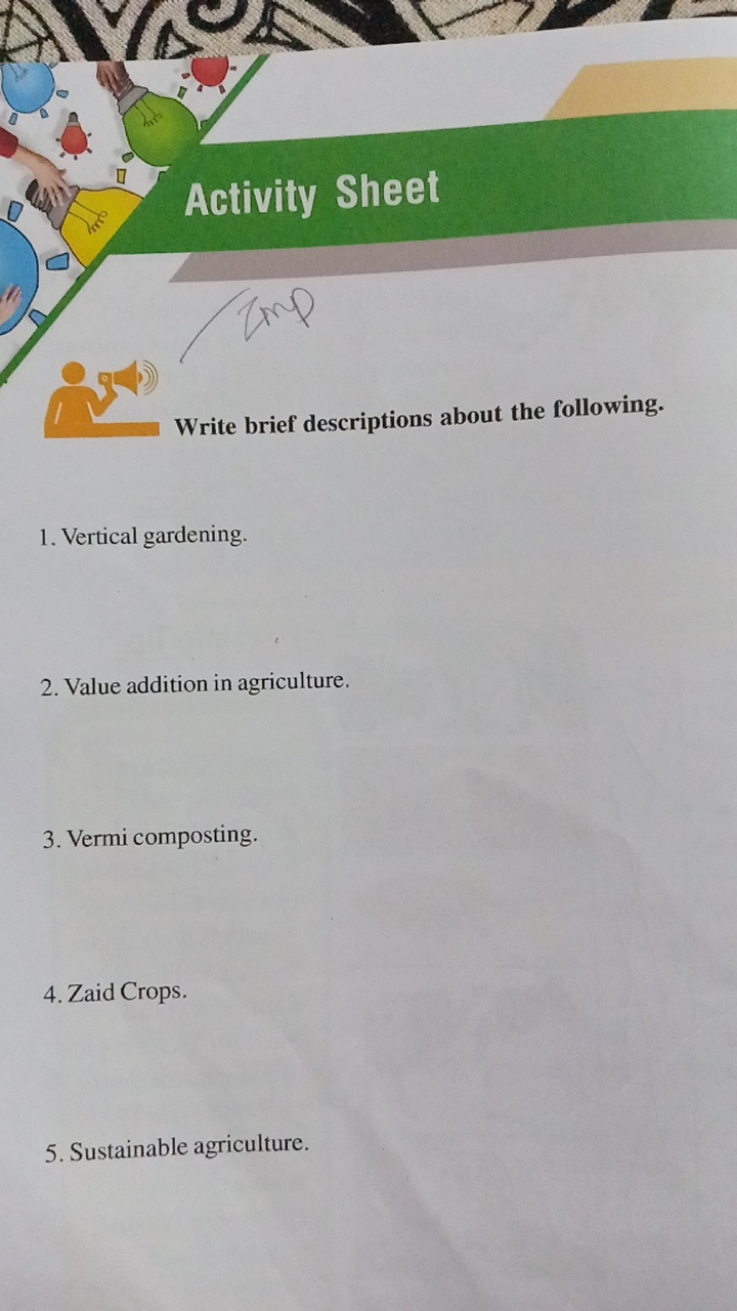 Activity Sheet
1×42

Write brief descriptions about the following.
1. 