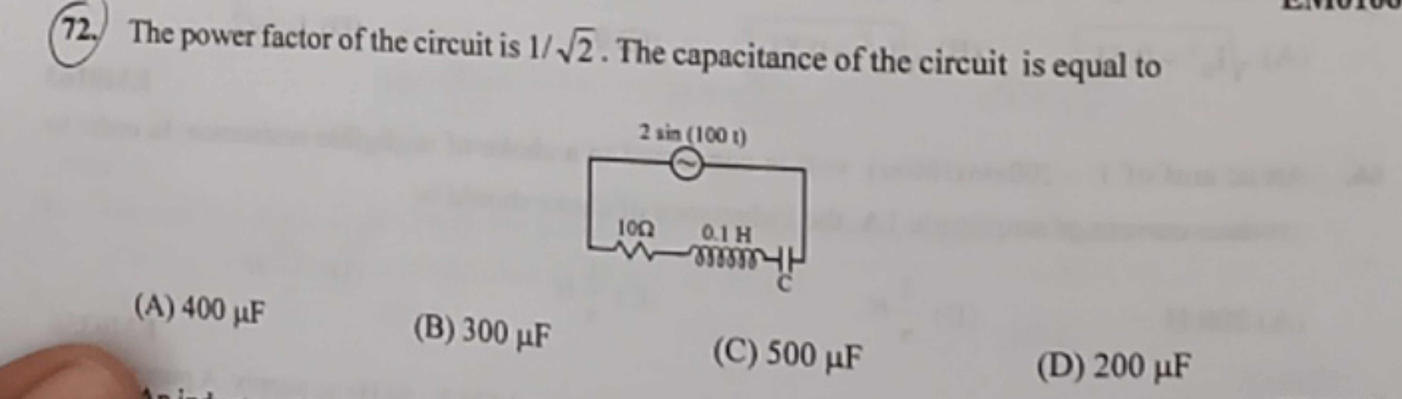 72. The power factor of the circuit is 1/2​. The capacitance of the ci