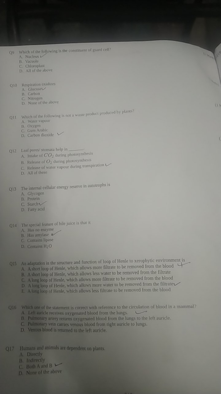 Q9 Which of the following is the constituent of guard cell?
A. Nucleus