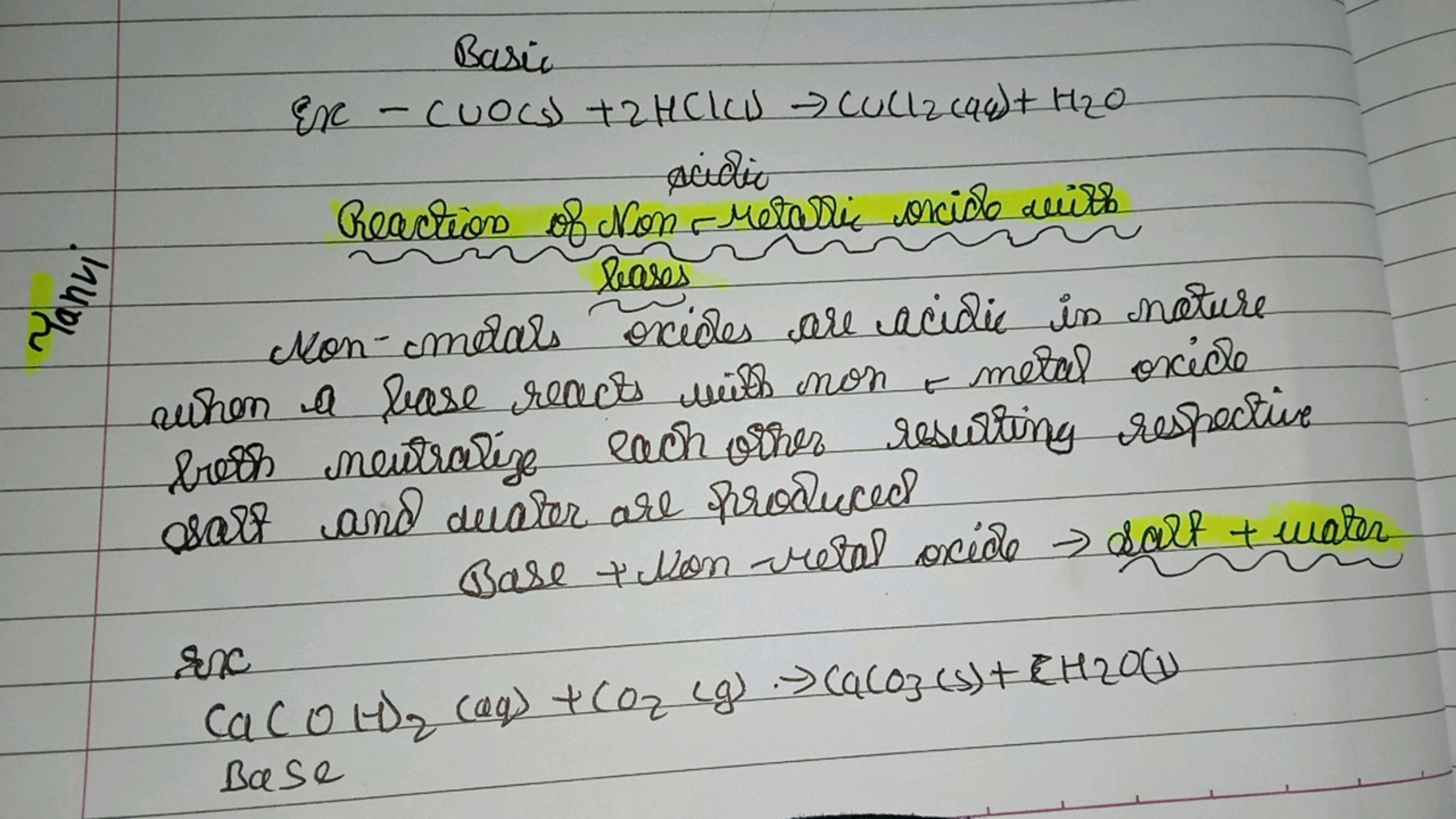 Basic
Ex−CuOCs)+2HClCl→CuCl2​(as)+H2​O
acidic
Reaction of Non metallic