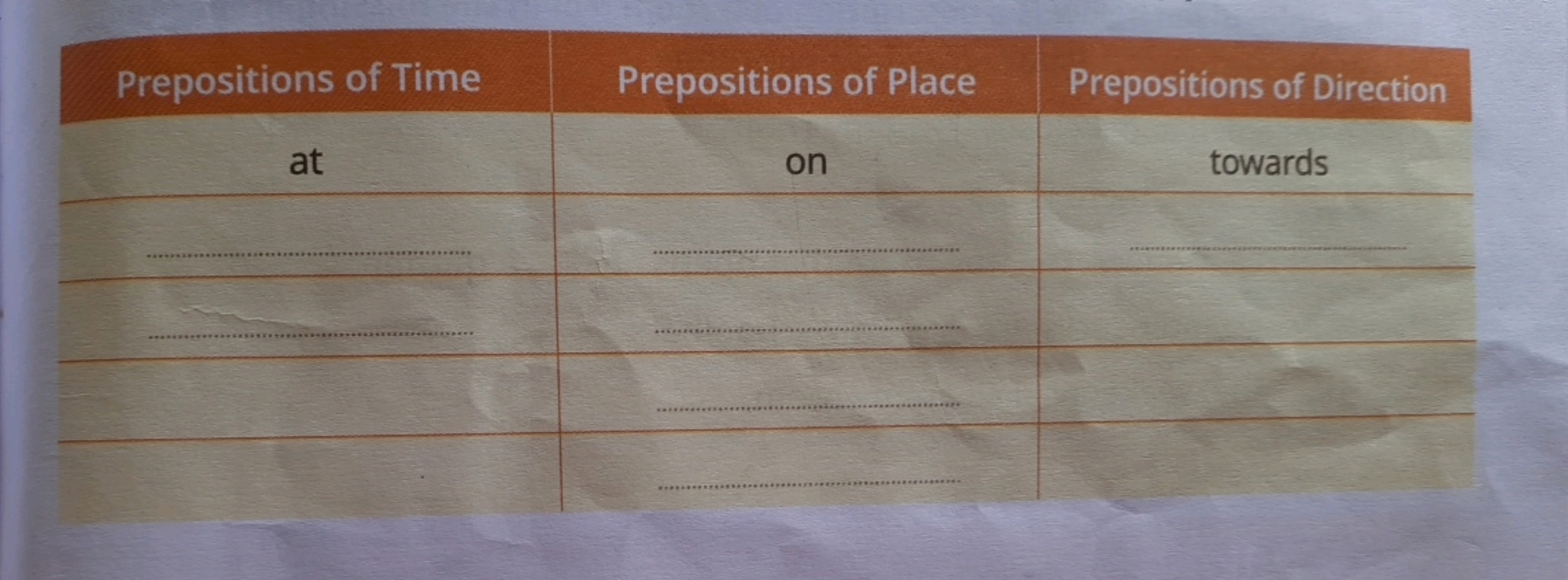 \begin{tabular} { c | c | c } 
\hline Prepositions of Time & Prepositi