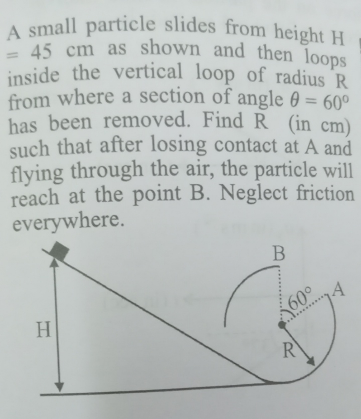 A small particle slides from height H =45 cm as shown and then loops i