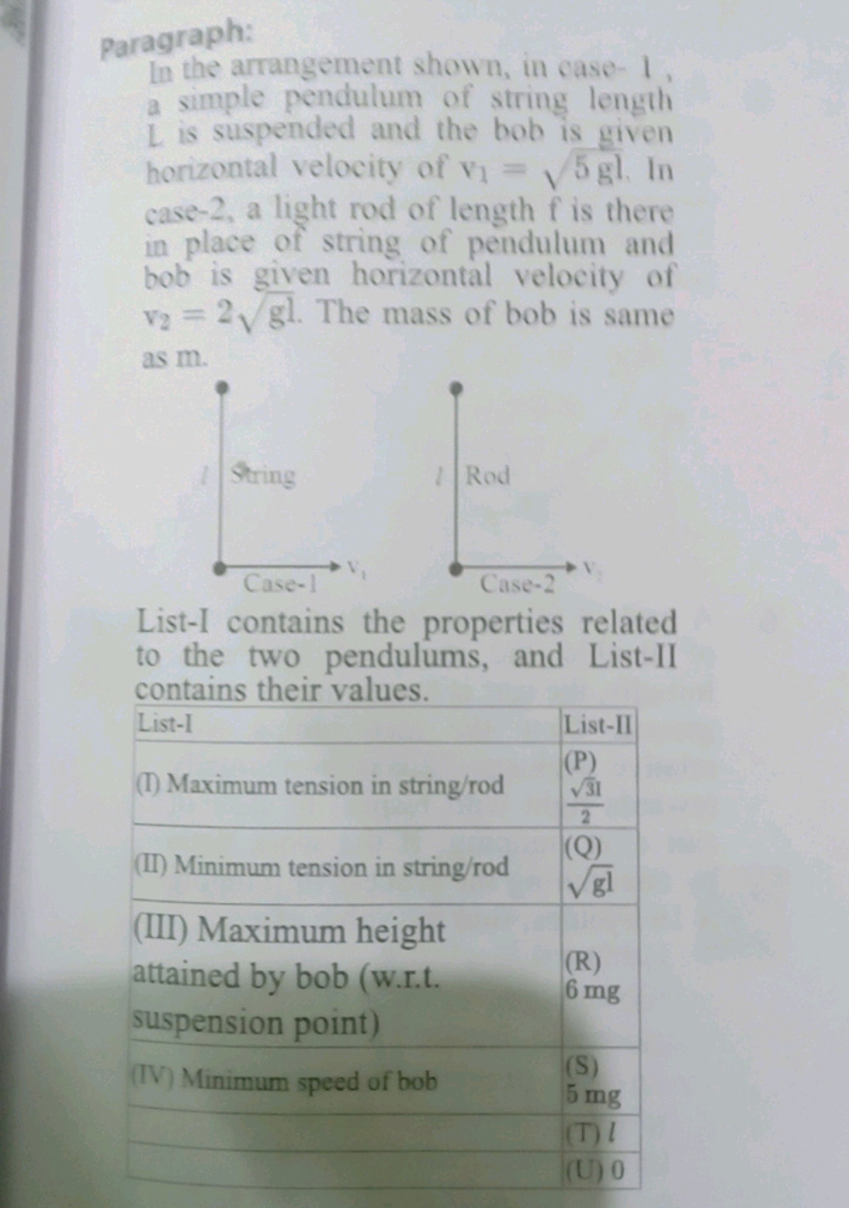 paragraph:
In the arrangement shown, in case-1, a simple pendulum of s