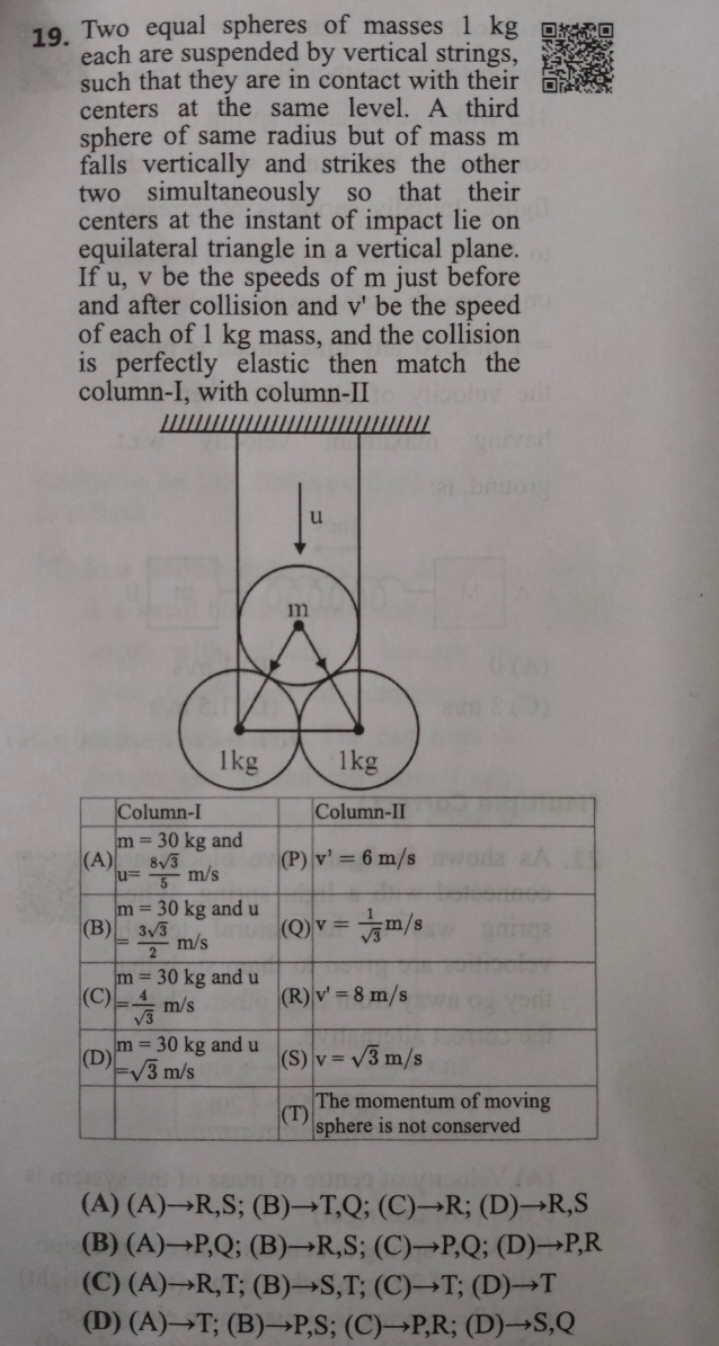 19. Two equal spheres of masses 1 kg each are suspended by vertical st