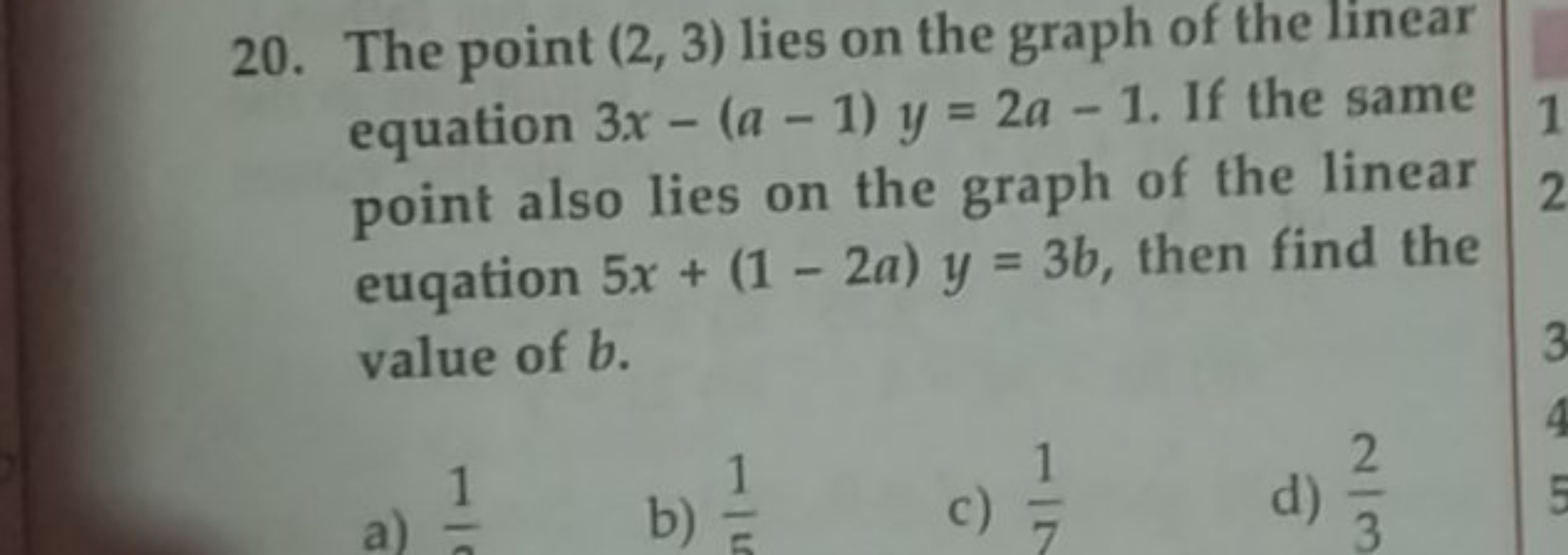 20. The point (2,3) lies on the graph of the linear equation 3x−(a−1)y