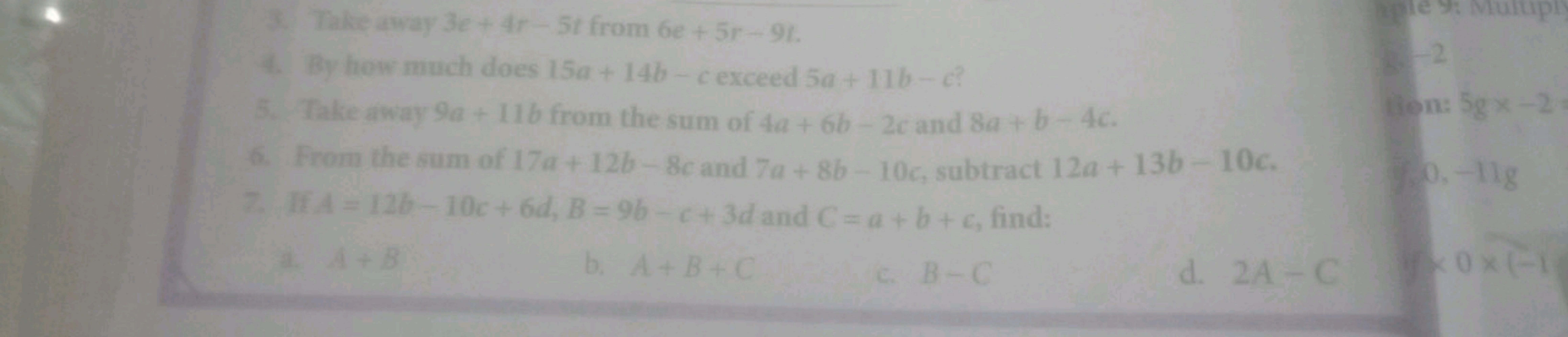 3. Take away 3e+4r−5t from 6e+5r−9t.
much does 15a+14b−c cexceed 5a+11