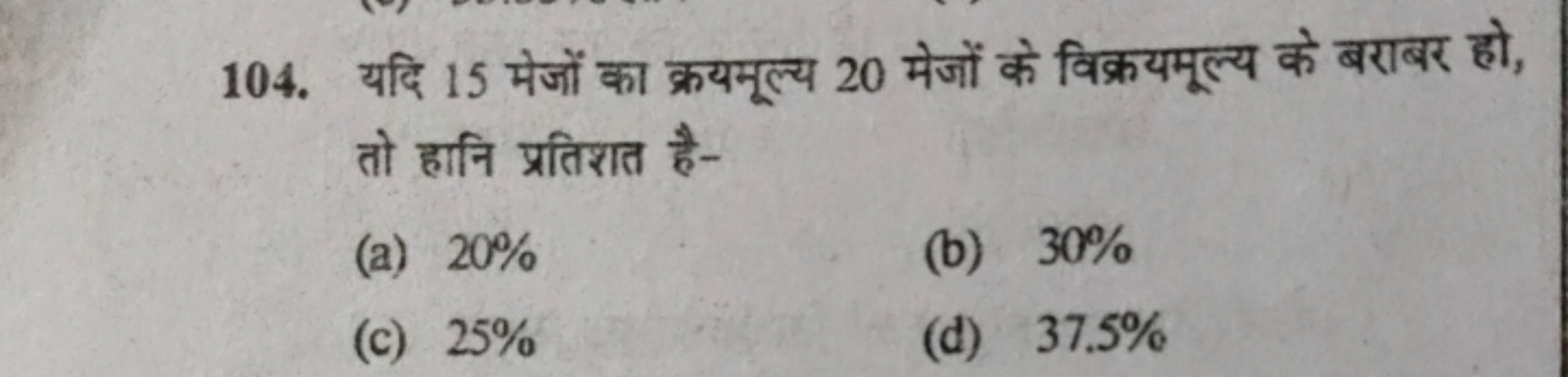 104. यदि 15 मेजों का क्रयमूल्य 20 मेजों के विक्रयमूल्य के बराबर हो, तो