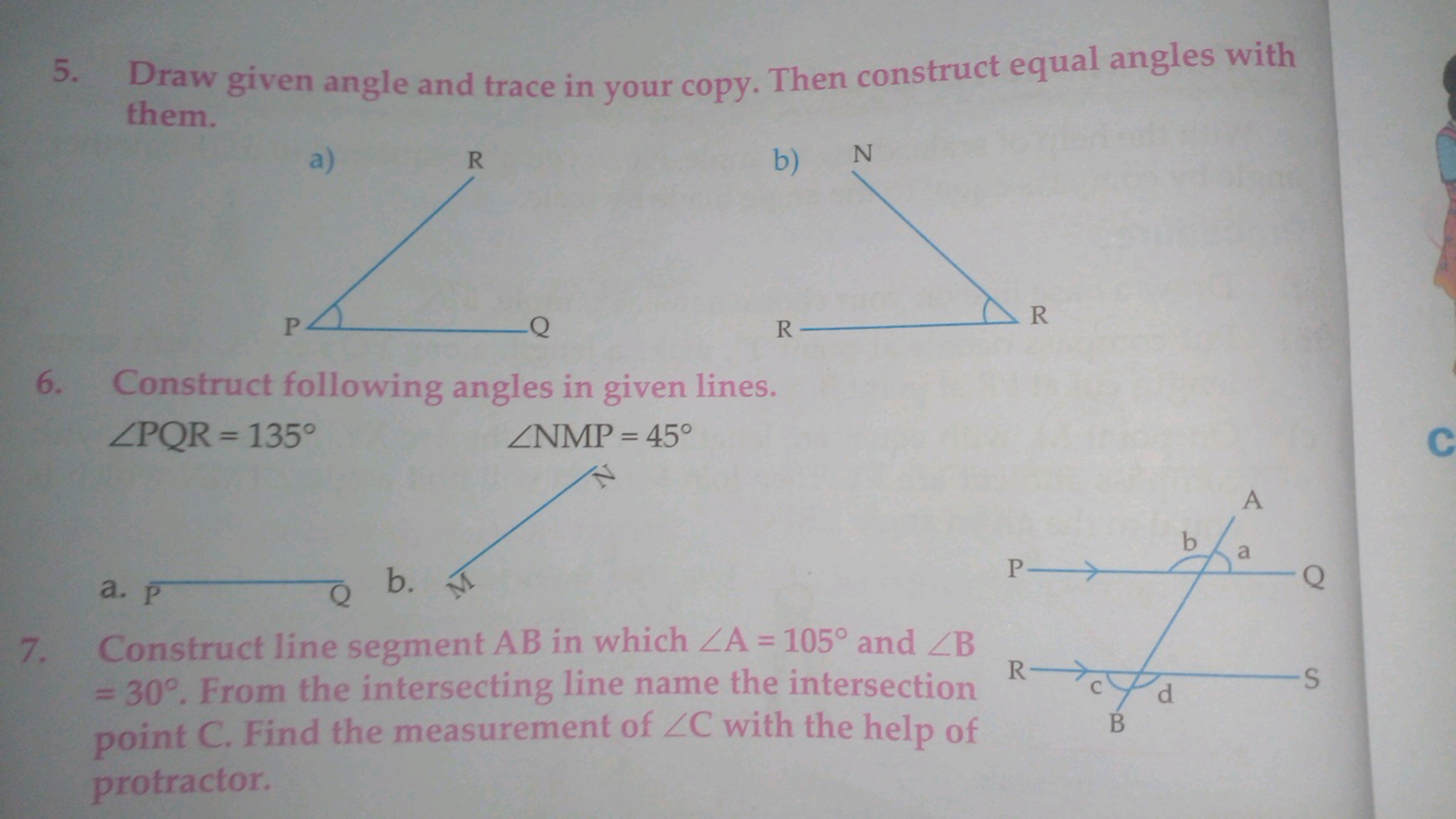 5. Draw given angle and trace in your copy. Then construct equal angle