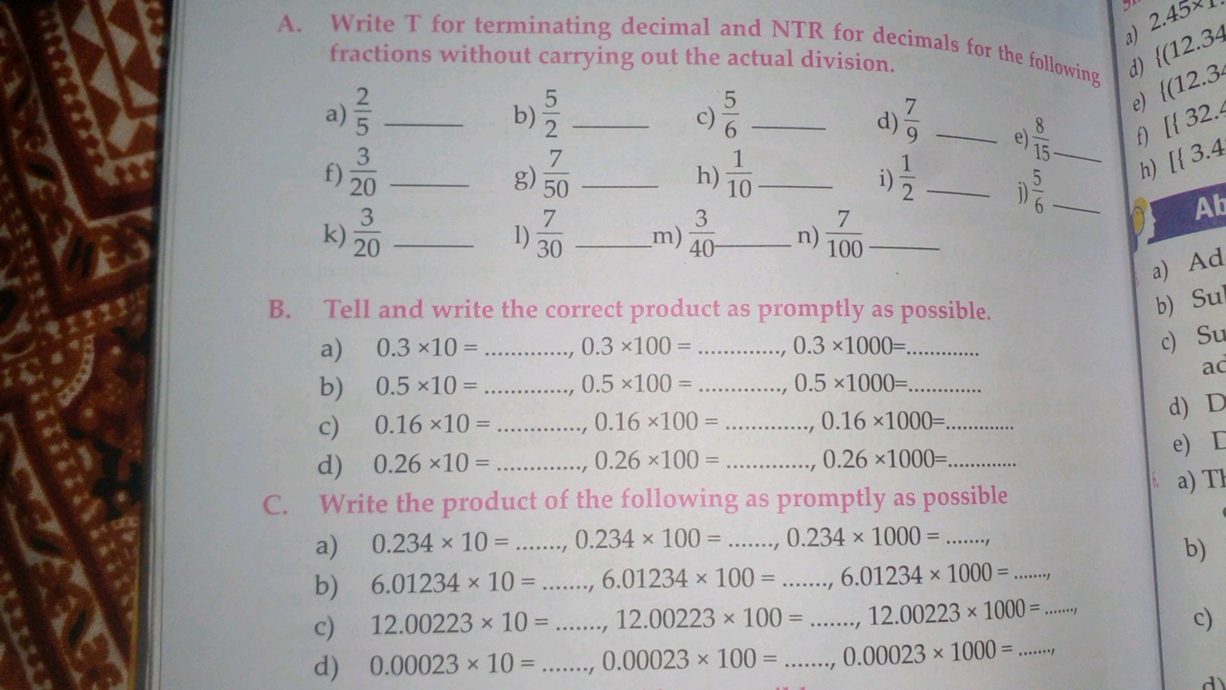 A. Write T for terminating decimal and NTR for decimals for the follow