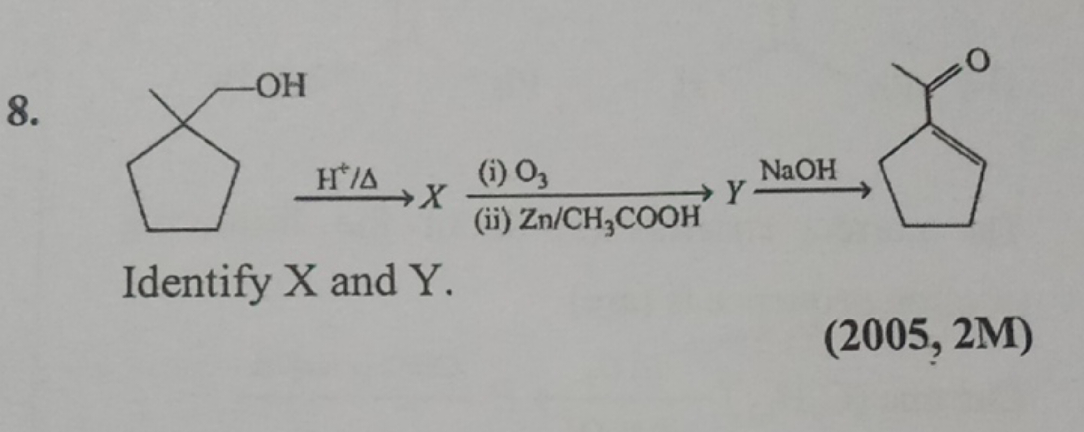 8.
OH​X (i) O3​ (ii) Zn/CH3​COOH​NaOH​

Identify X and Y .
(2005, 2M)