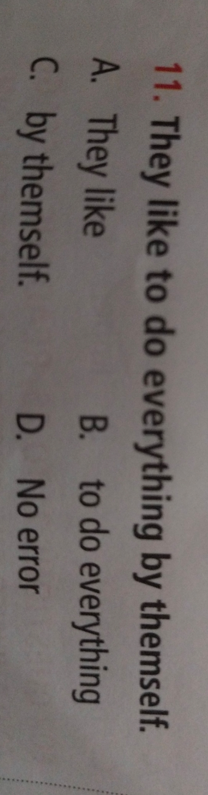 11. They like to do everything by themself.
A. They like
B. to do ever