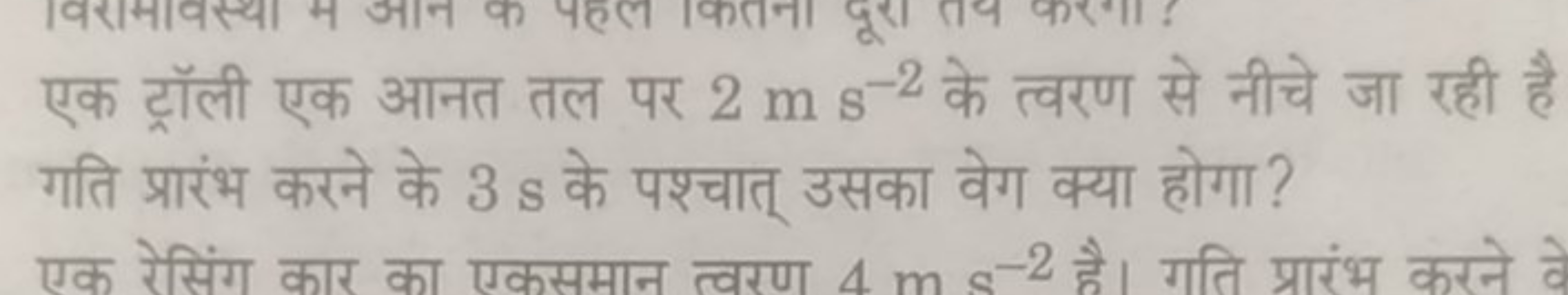 एक ट्रॉली एक आनत तल पर 2 m s−2 के त्वरण से नीचे जा रही है गति प्रारंभ 