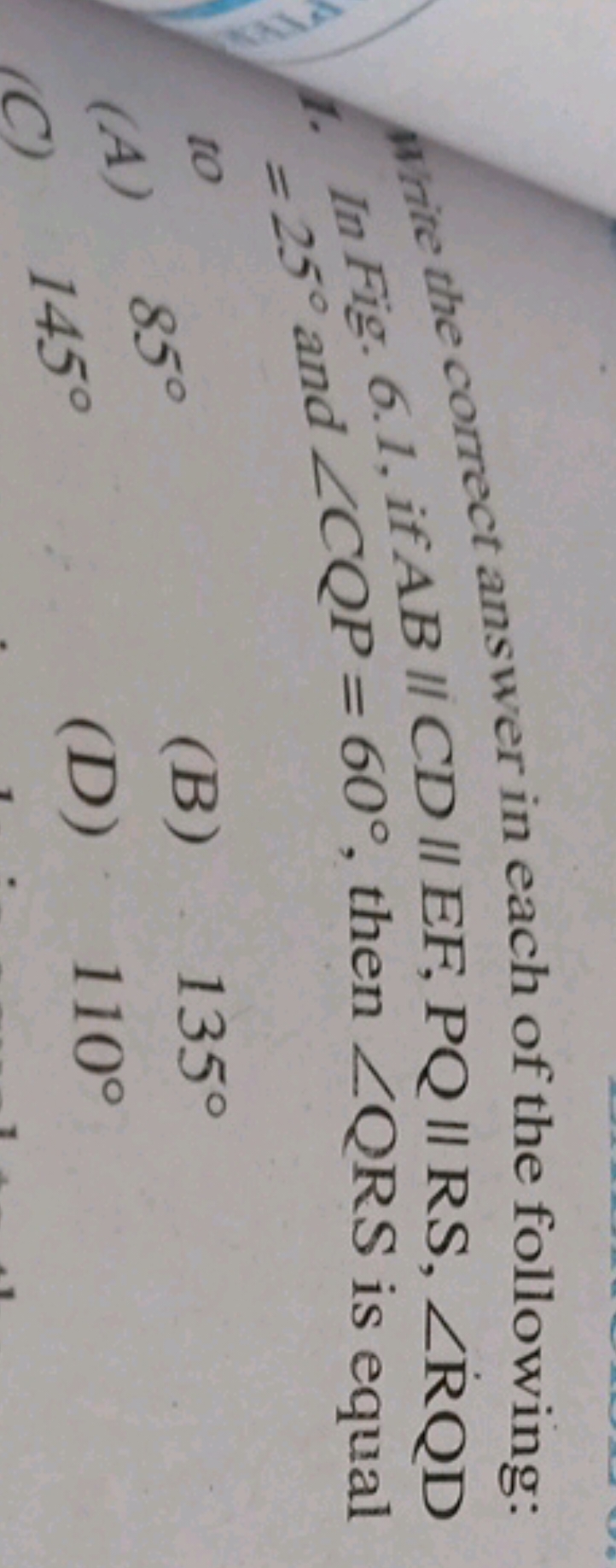 anite the correct answer in each of the following:
7. In Fig. 6.1, if 