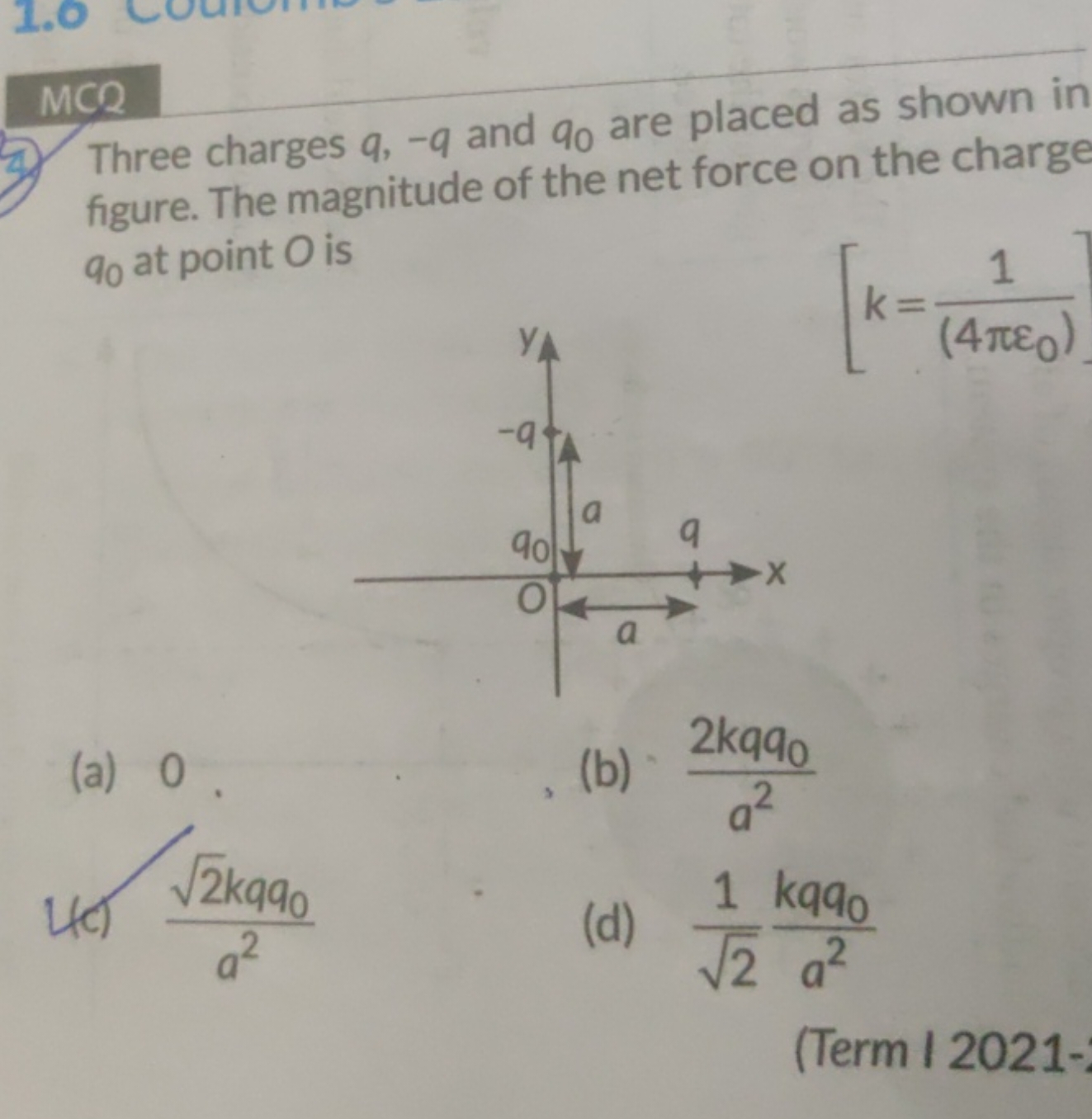 4) Three charges q,−q and q0​ are placed as shown in

MCR figure. The 