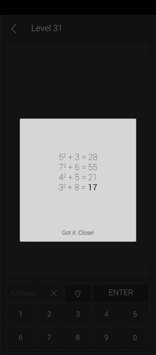 Level 31
52+3=2872+6=5542+5=2132+8=17​

Got it. Close!