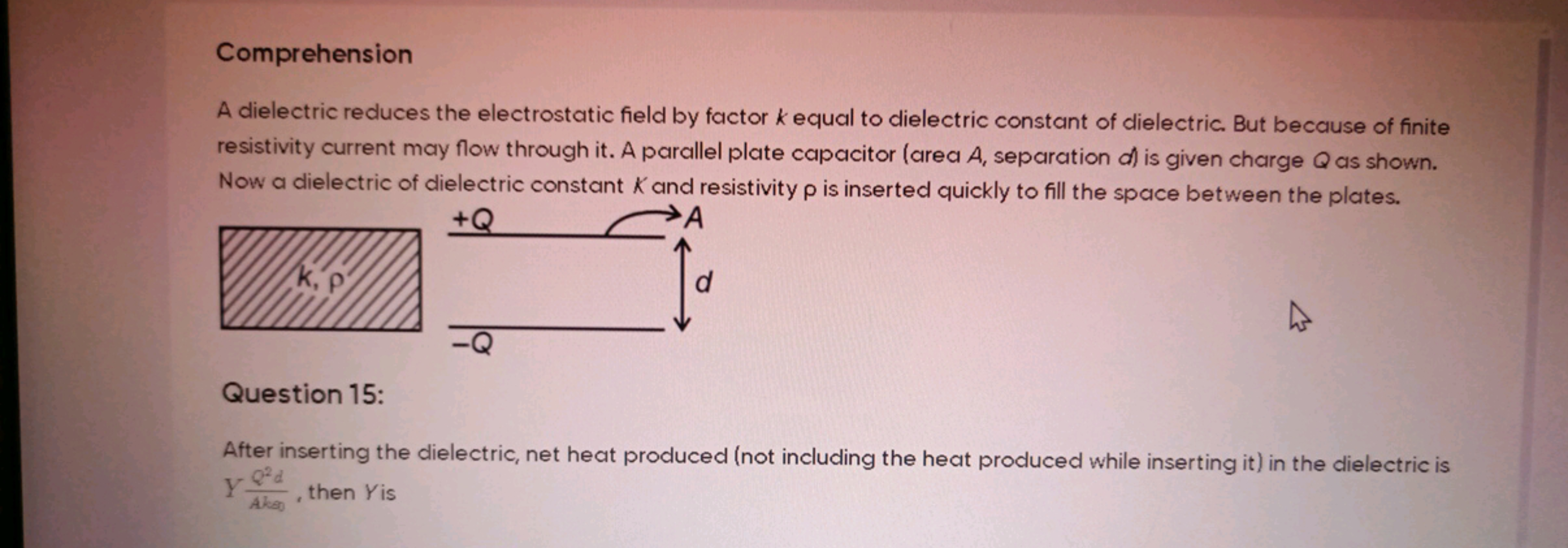 Comprehension
A dielectric reduces the electrostatic field by factor k