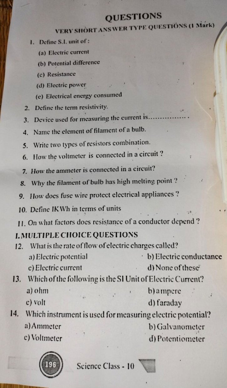 QUESTIONS
VERY SIIORT ANS WER TYPE QUESTIONS (I Márk)
1. Define S.I. u