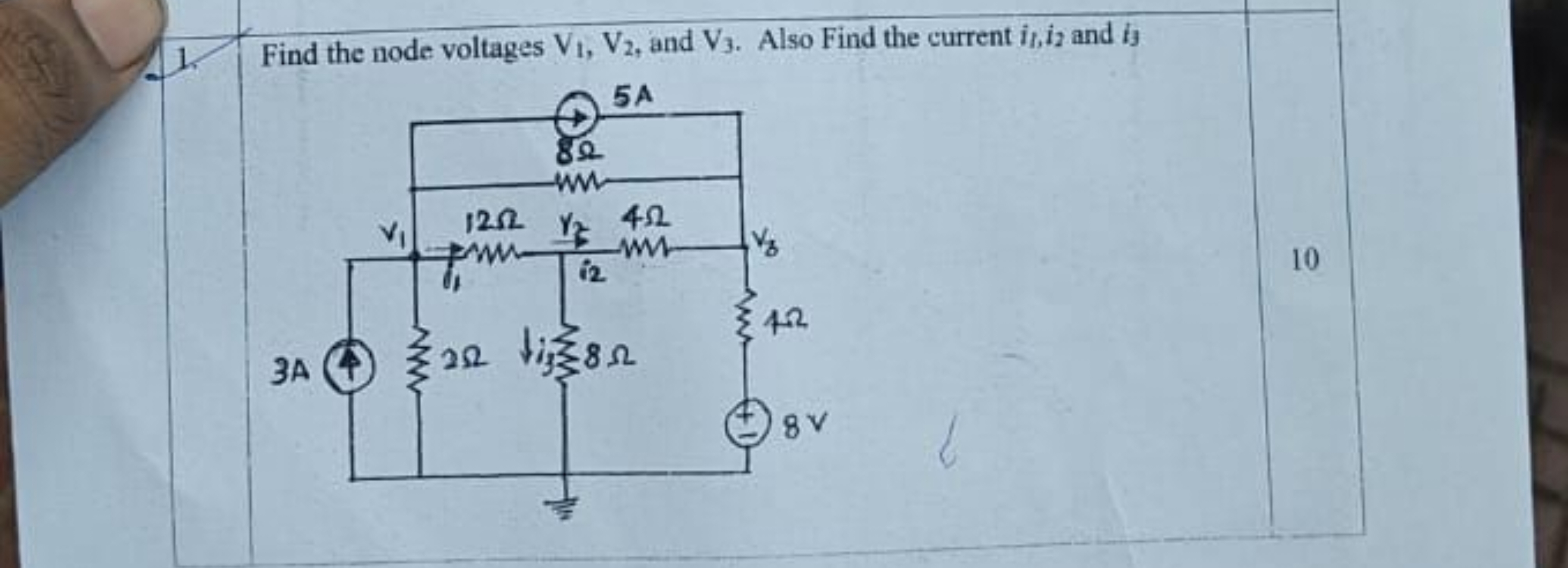 1. Find the node voltages V1​, V2​, and V3​. Also Find the current i1​