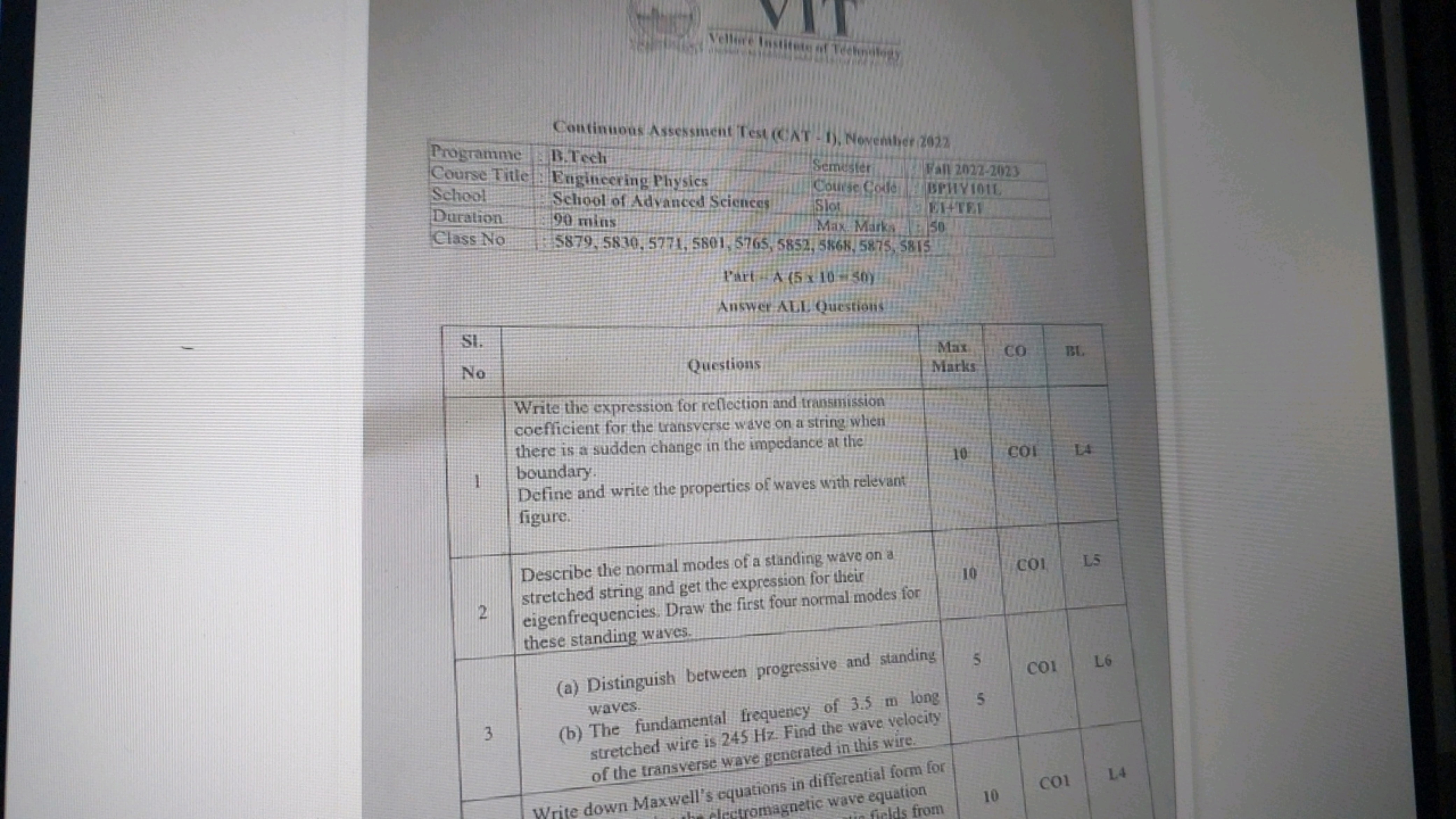 Vellore Institute of Technology
Continuous Assessment Test (CAT-1), No