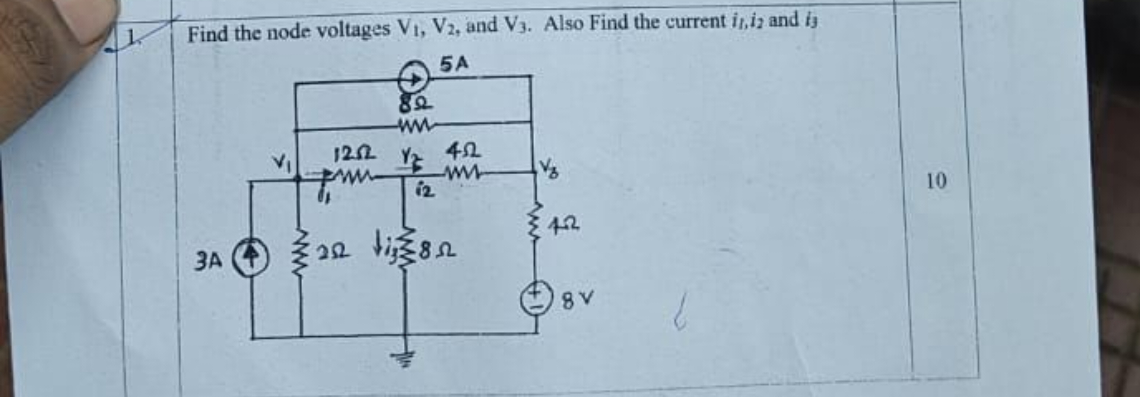 Find the node voltages V1​,V2​, and V3​. Also Find the current i1​,i2​