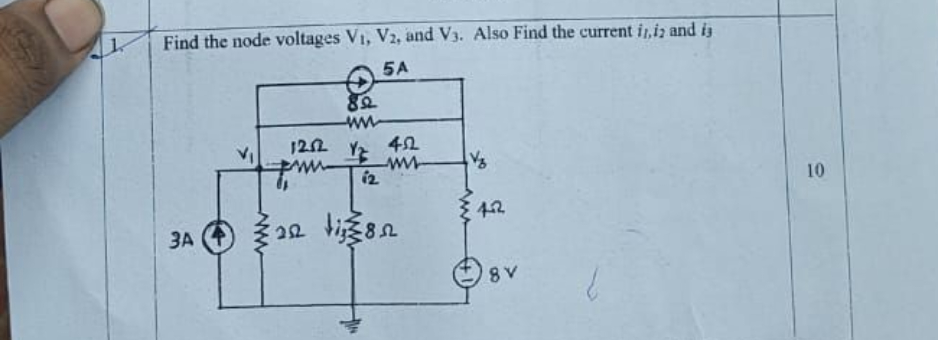 Find the node voltages V1​,V2​, and V3​. Also Find the current i1​,i2​