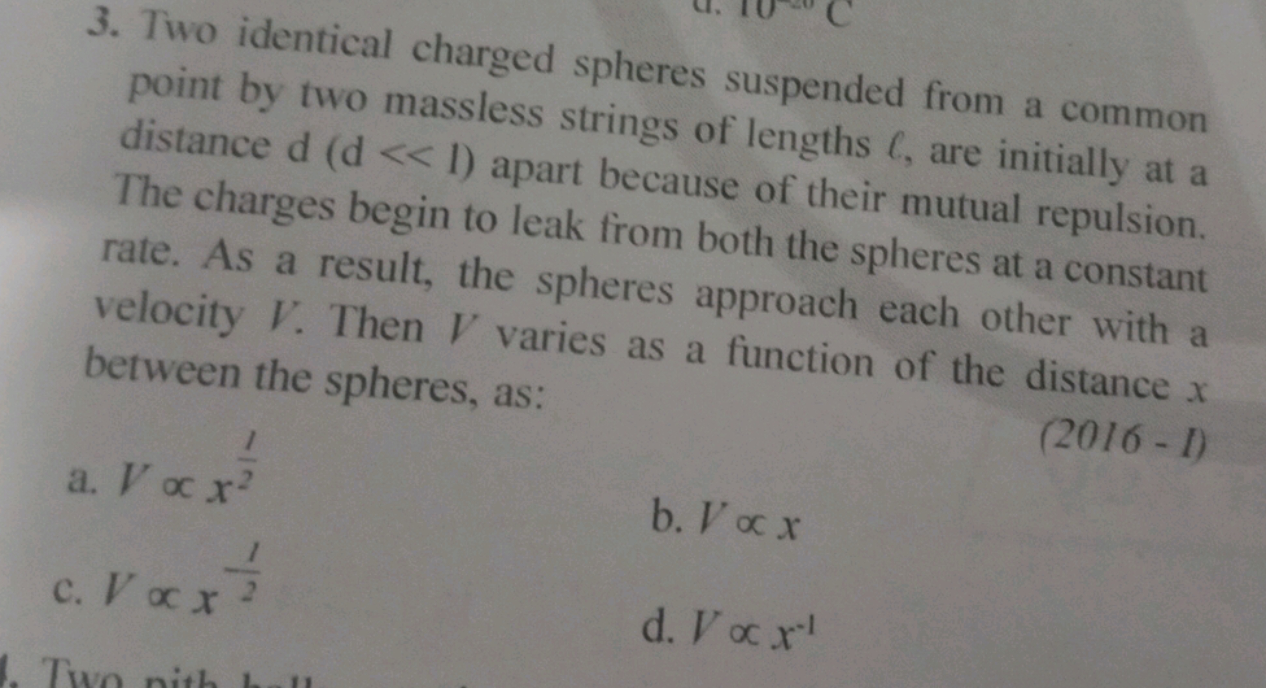 3. Two identical charged spheres suspended from a common point by two 