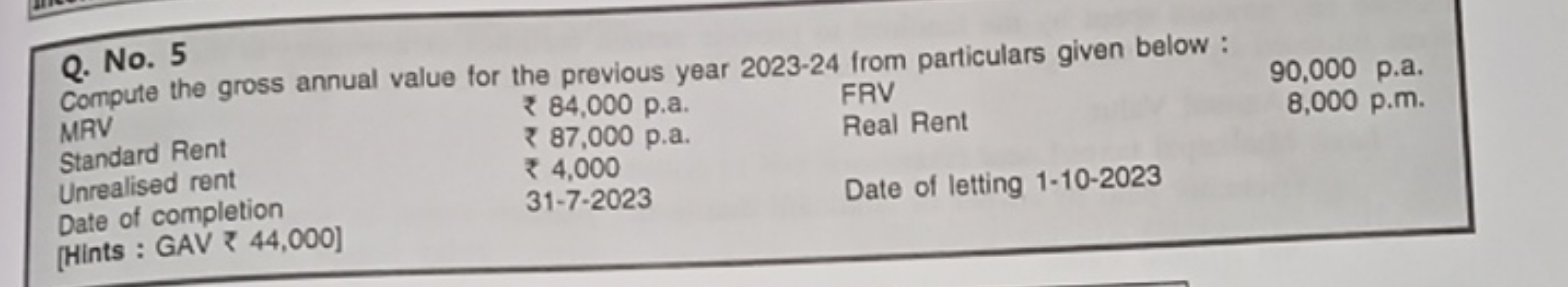 Q. No. 5

Compute the gross annual value for the previous year 2023-24