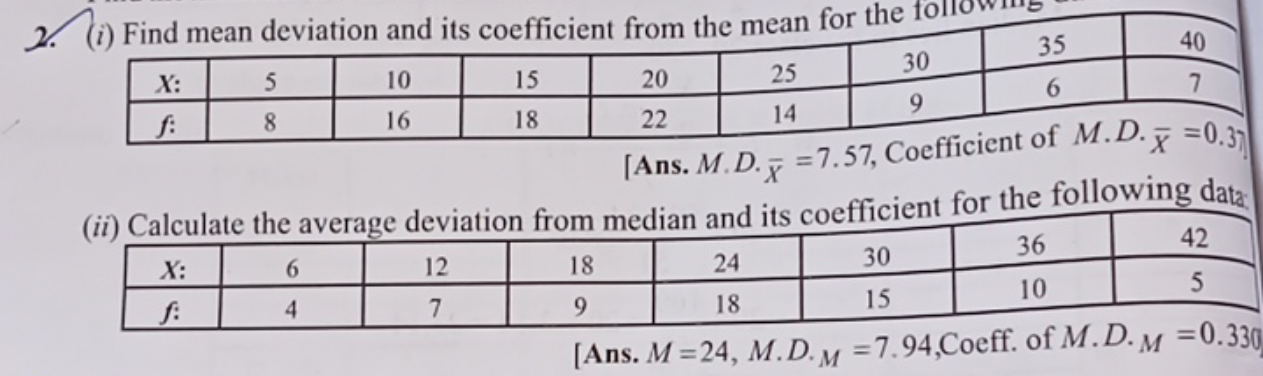 2. (i) Find mean deviation and its coefficient from the mean for the f