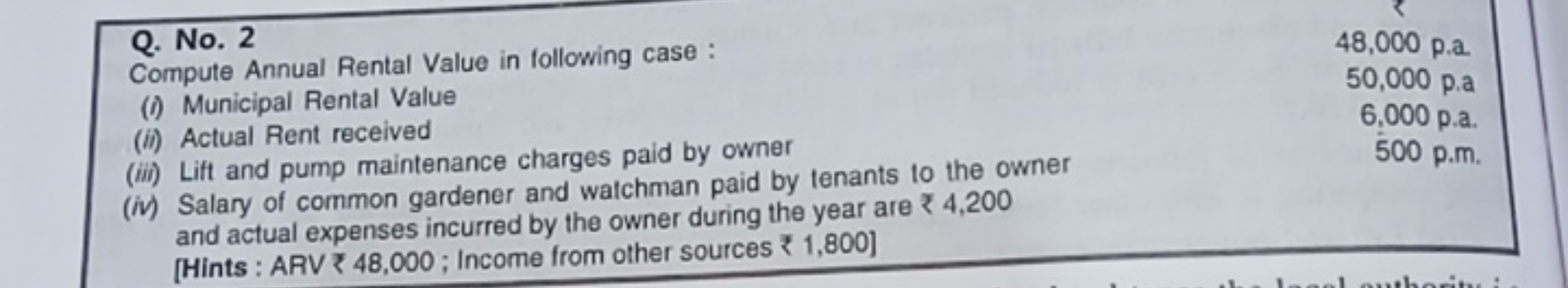 Q. No. 2

Compute Annual Rental Value in following case :
(I) Municipa