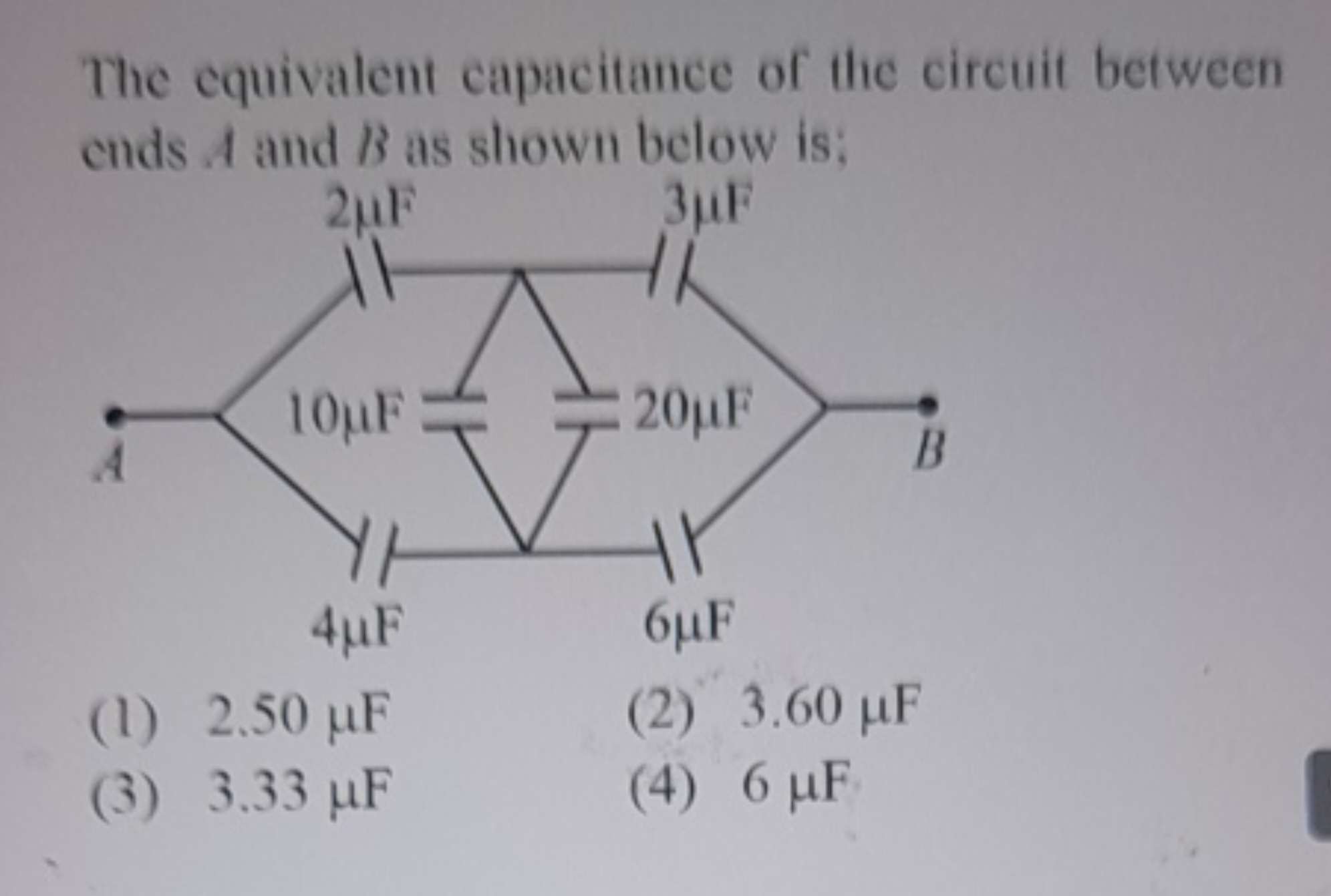 The equivalent capacitance of the circuit between ends A and B as show