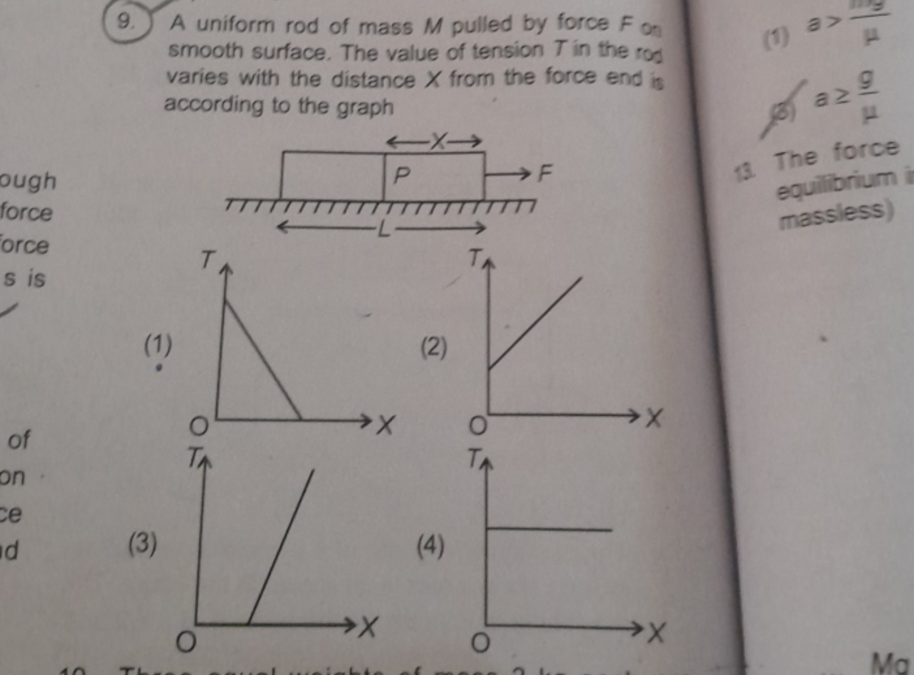 9. A uniform rod of mass M pulled by force F on smooth surface. The va