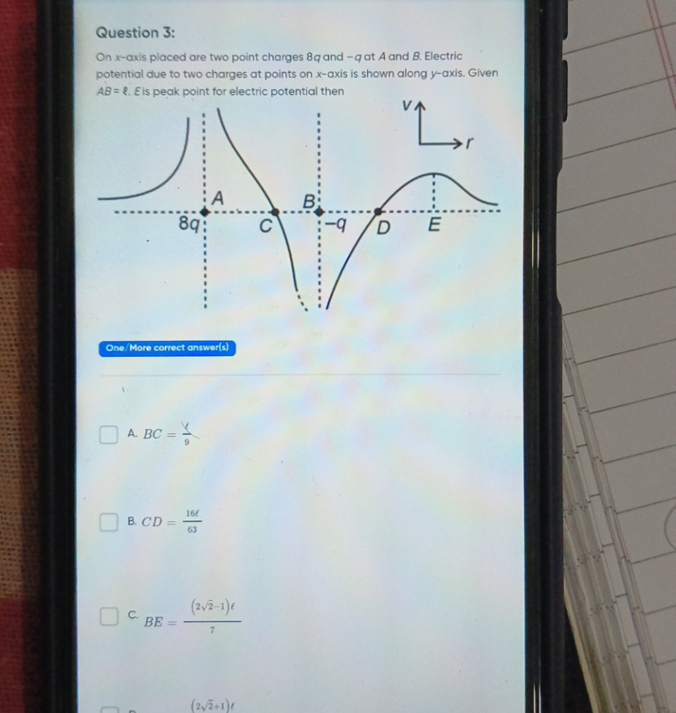 Question 3:
On x-axis placed are two point charges 8q and −q at A and 