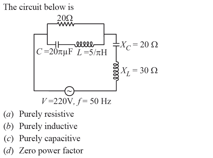 The circuit below is
(a) Purely resistive
(b) Purely inductive
(c) Pur