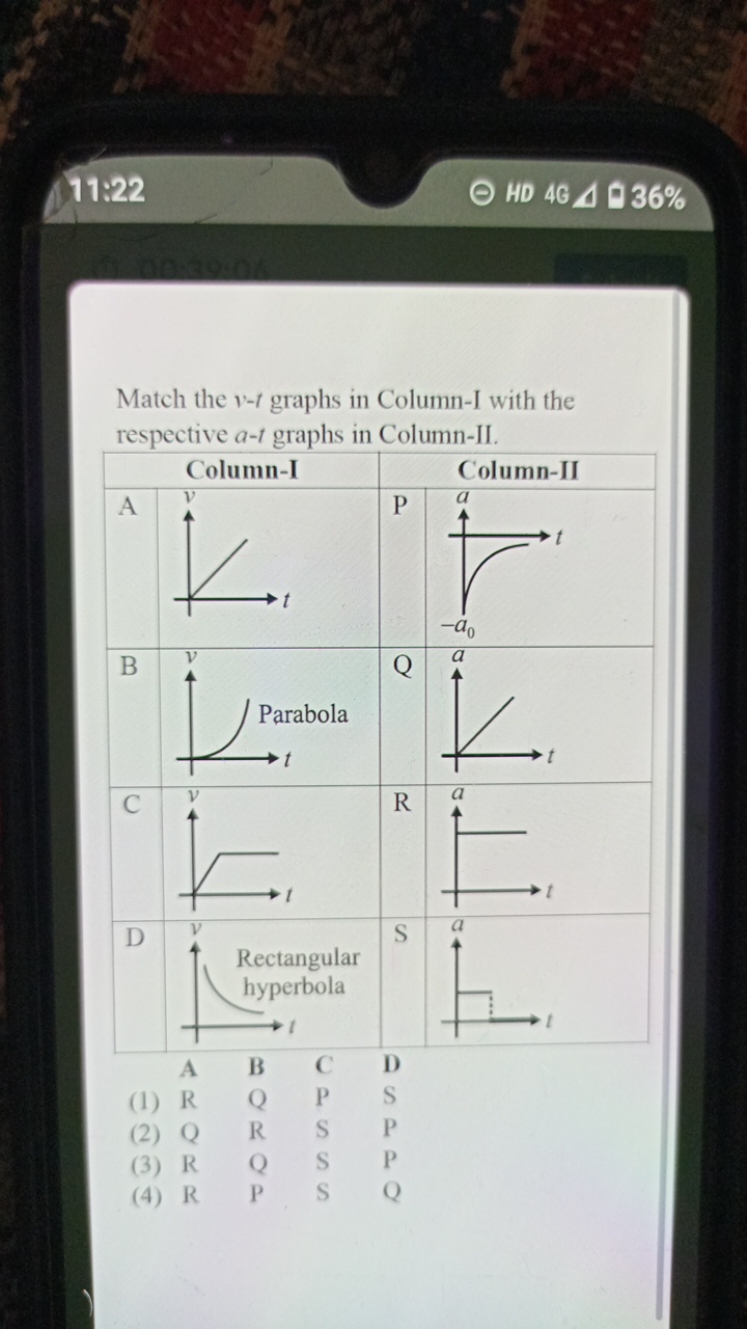 11:22
HD 4G - △. 36%

Match the v−t graphs in Column-I with the respec